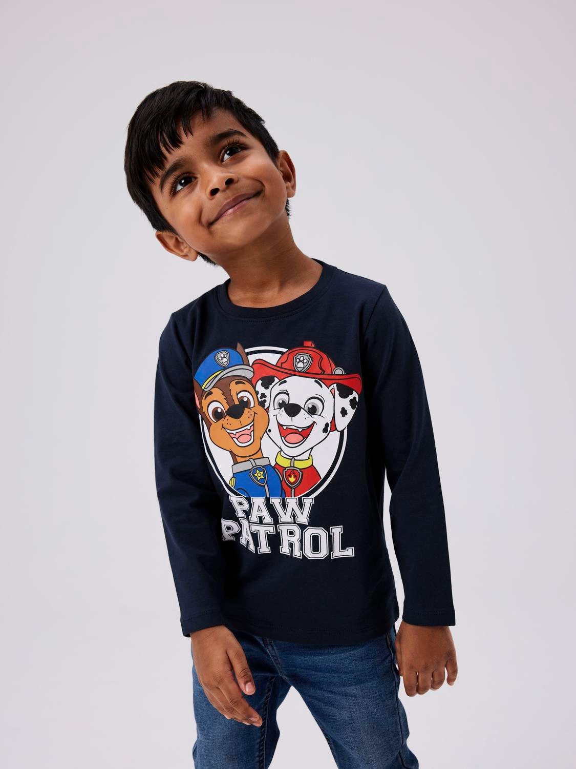 Name it MINI Paw Patrol longsleeve NMMJOLLO met printopdruk donkerblauw Jongens Stretchkatoen Ronde hals 122 128