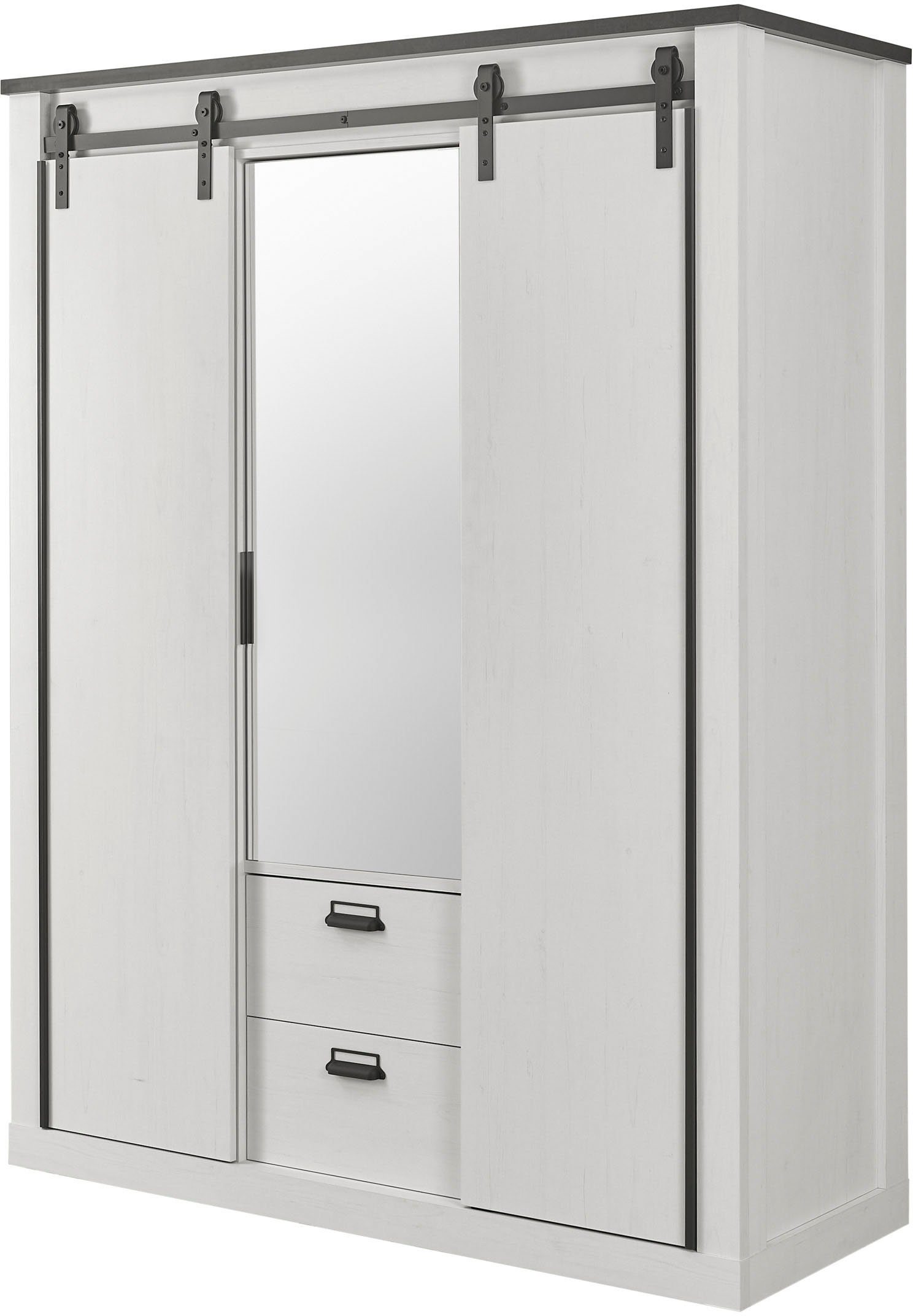 Home affaire Kledingkast SHERWOOD slaapkamerkast met spiegel, 2 lades, linn kast Schuifdeuren met schuurdeur beslag van metaal, B/D/H 161/63/209cm