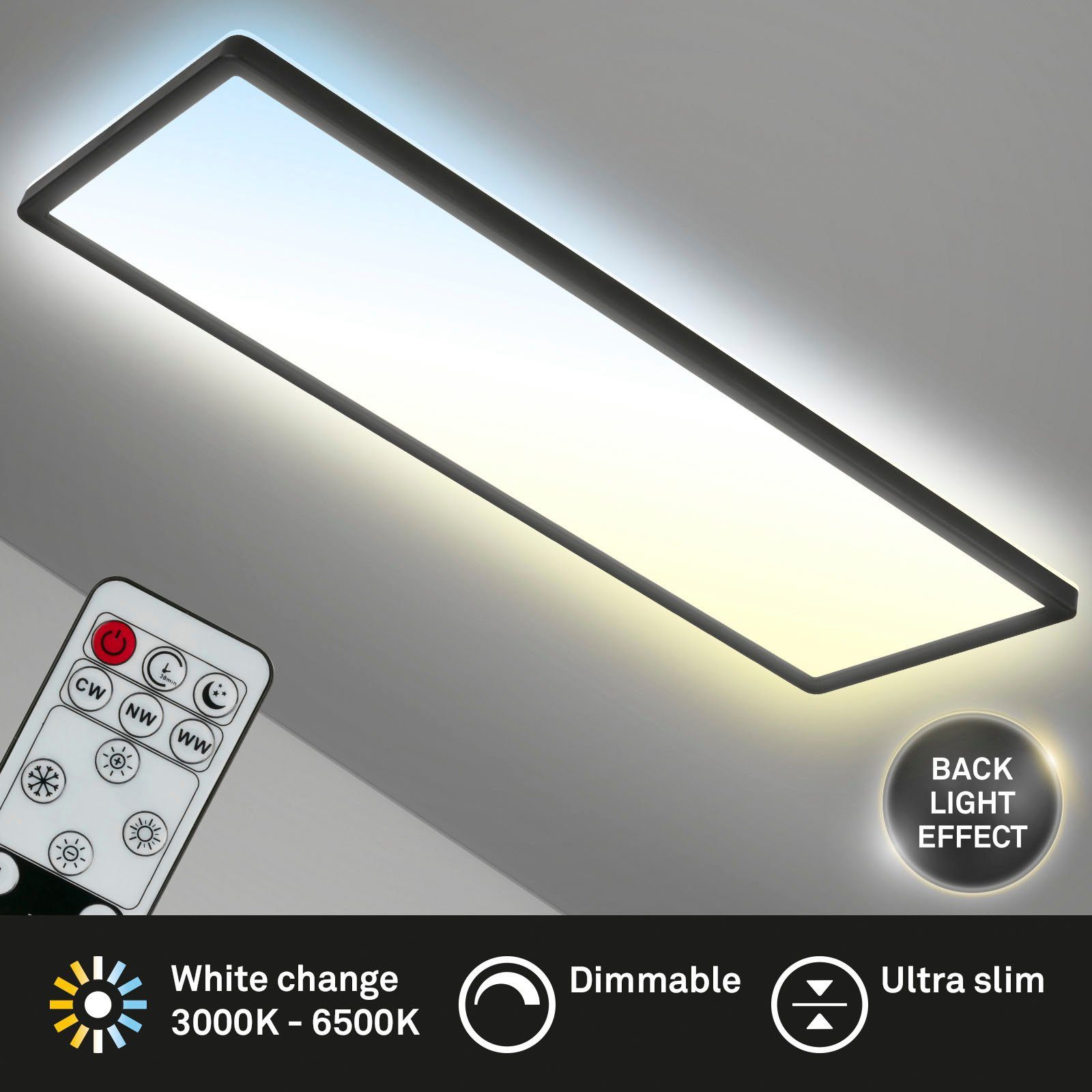 Briloner Leuchten Led-paneel 7403015 SLIM Plafondlamp, 58x20x3 cm, zwart, 23W, woonkamer, slaapkamer, keuken