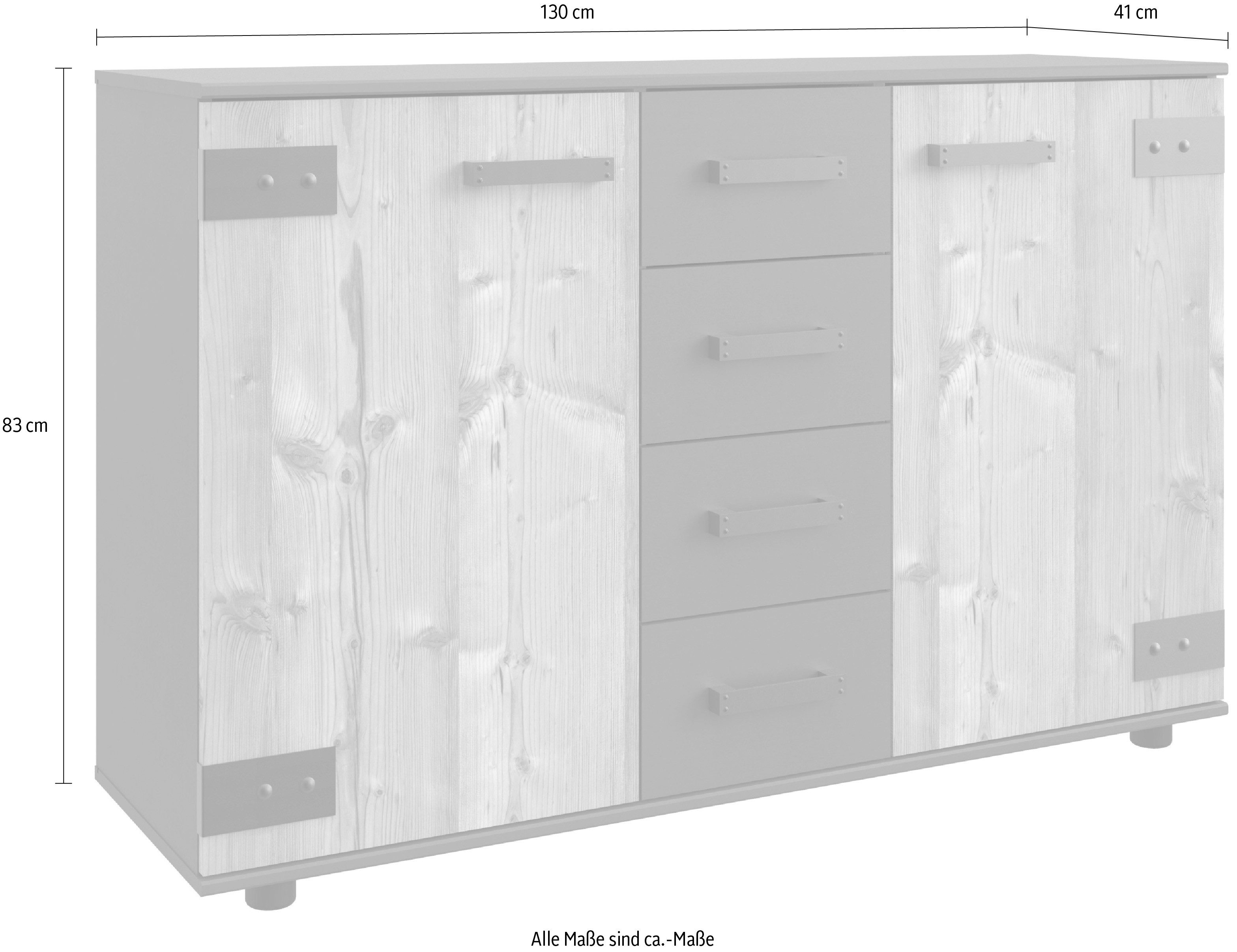 Wimex Kast met laden en deuren Stockholm sideboard kast, Made in Germany Industrieel look, 2-deurs met 4 lades, 130x41x83 cm