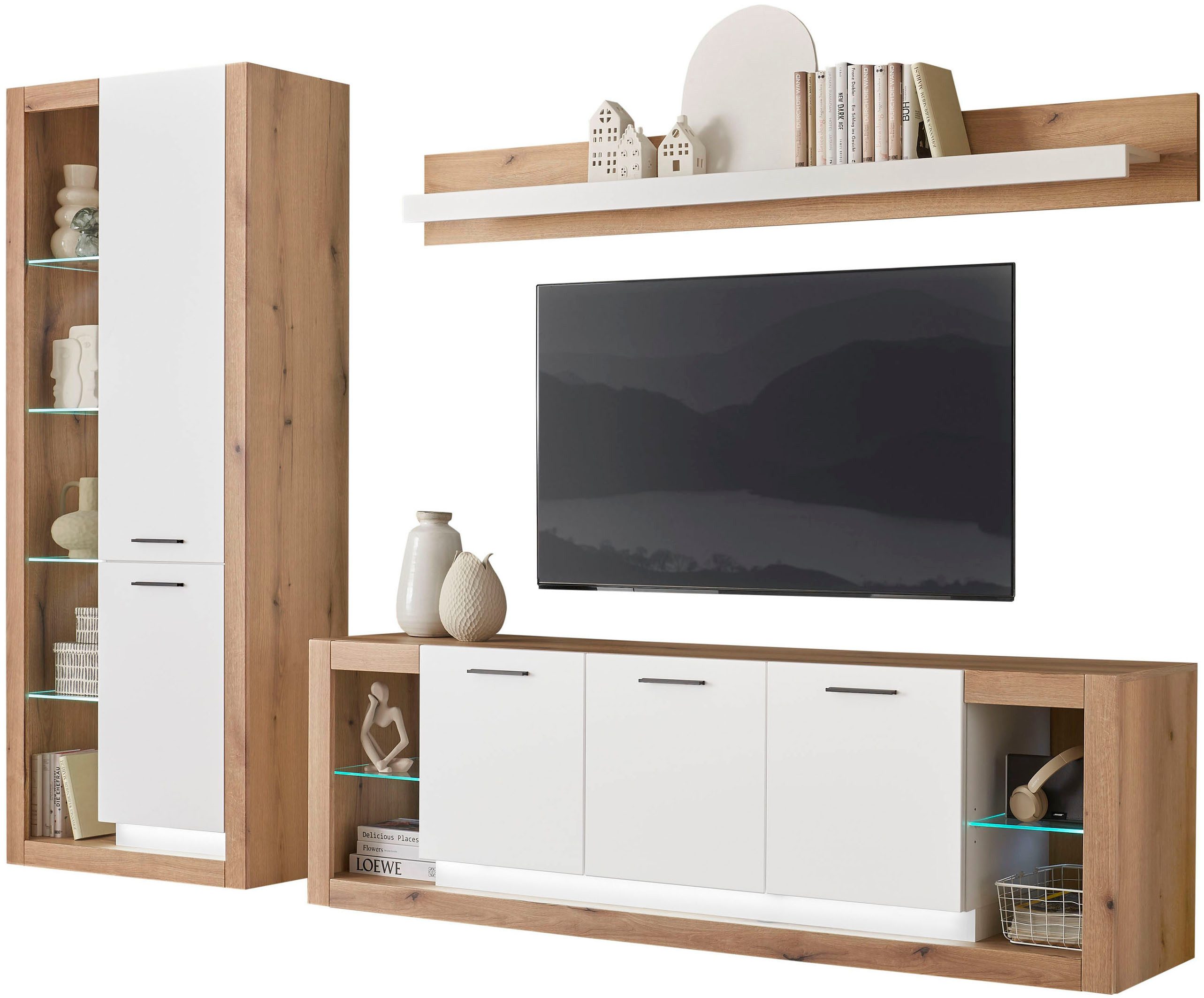INOSIGN Wandmeubel Brixen, moderne opbouwwand, woonkamer set, eik Evoke decor met wit (set, 3-delig)