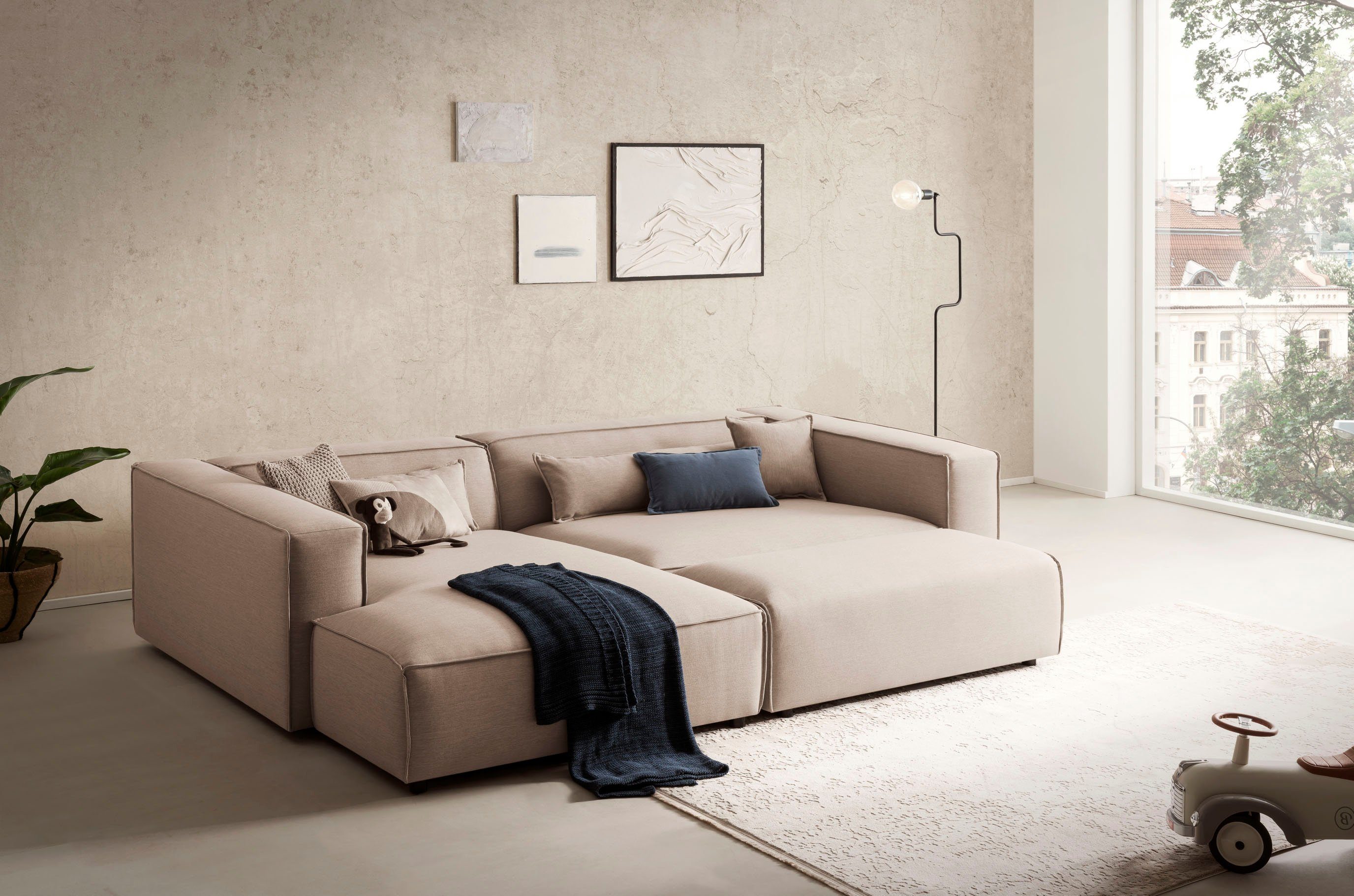 LeGer Home by Lena Gercke Hoekbank PIARA XXL, L-vorm met slaapfunctie, Big-sofa in cord of linnenlook Hocker verstelbaar tot slaapbank (krokodillenverbinder), diepe zitting