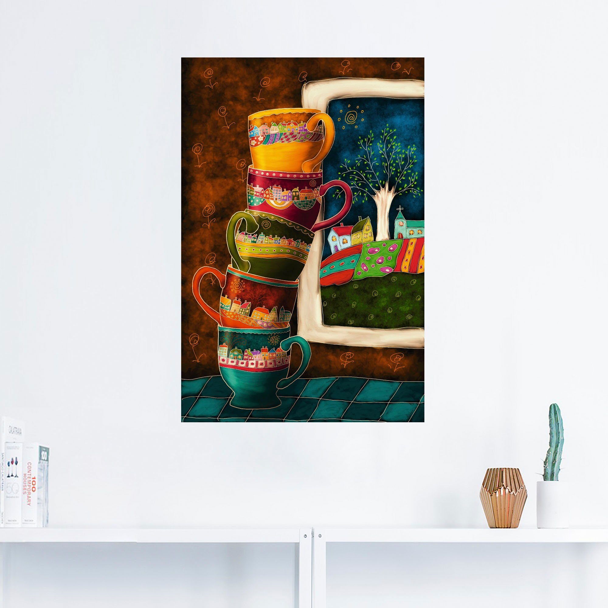 Artland Artprint Vrolijke koffiekopjes als artprint van aluminium, artprint voor buiten, artprint op linnen, poster, muursticker