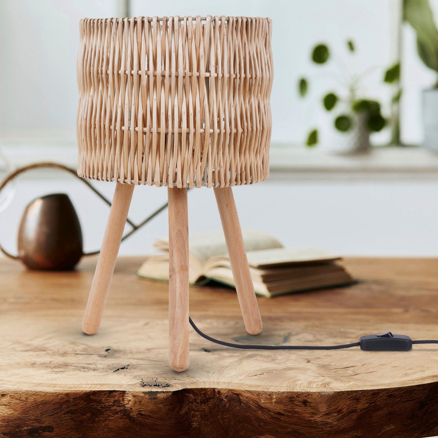 Paco Home Tafellamp Jorge Schrijf nacht lampenkap mand Boho hout E27