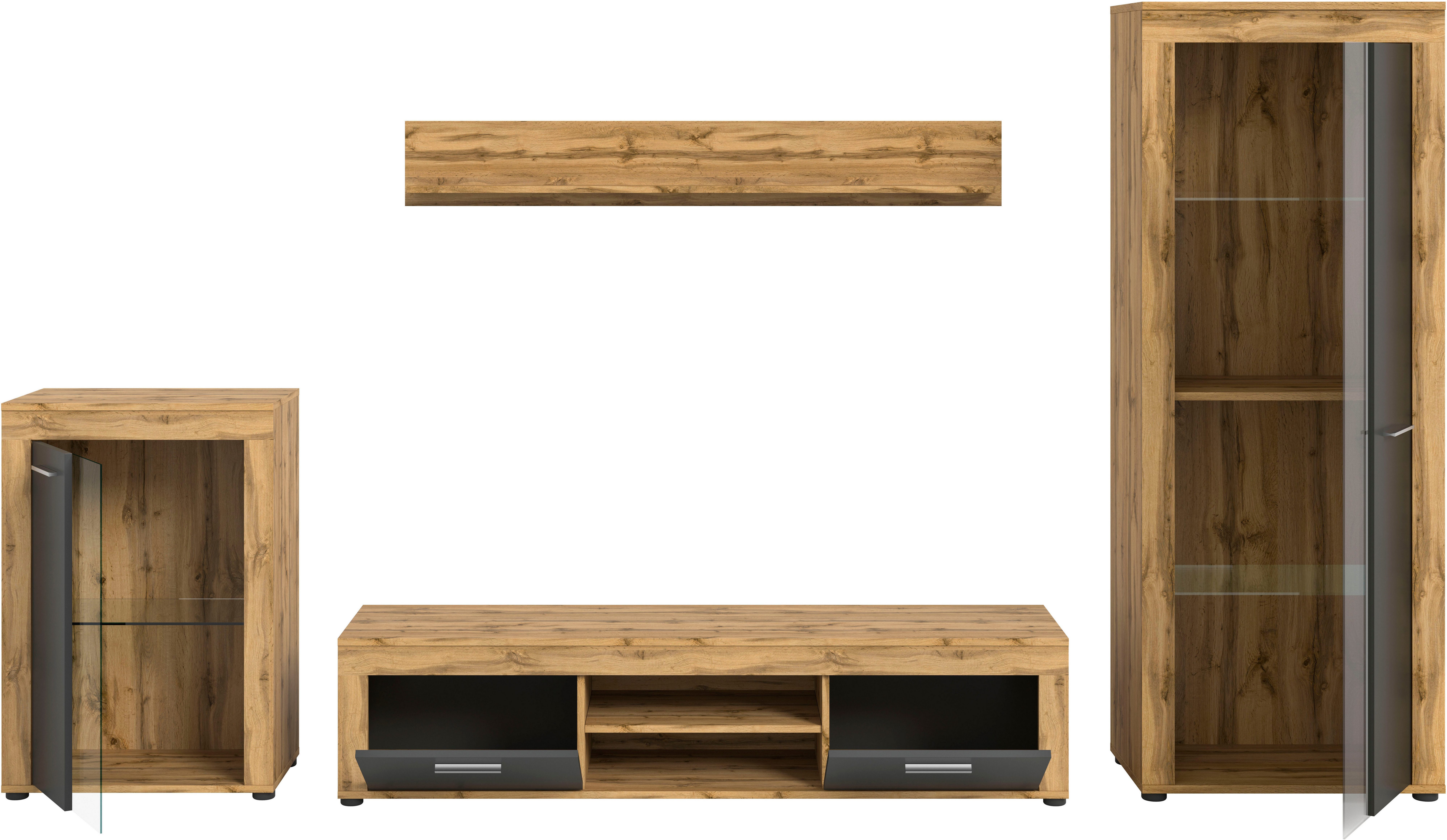 INOSIGN Wandmeubel Aosta, 4-delig, bestaande uit: vitrinekast, lowboard, wandplank & hoge vitrinekast (4-delig)