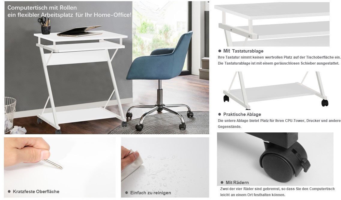 INOSIGN Pc-bureau ERVIE, Rollende tafel, Laptoptisch, stabiel metalen frame, met toetsenborduitrek, 60x73 cm