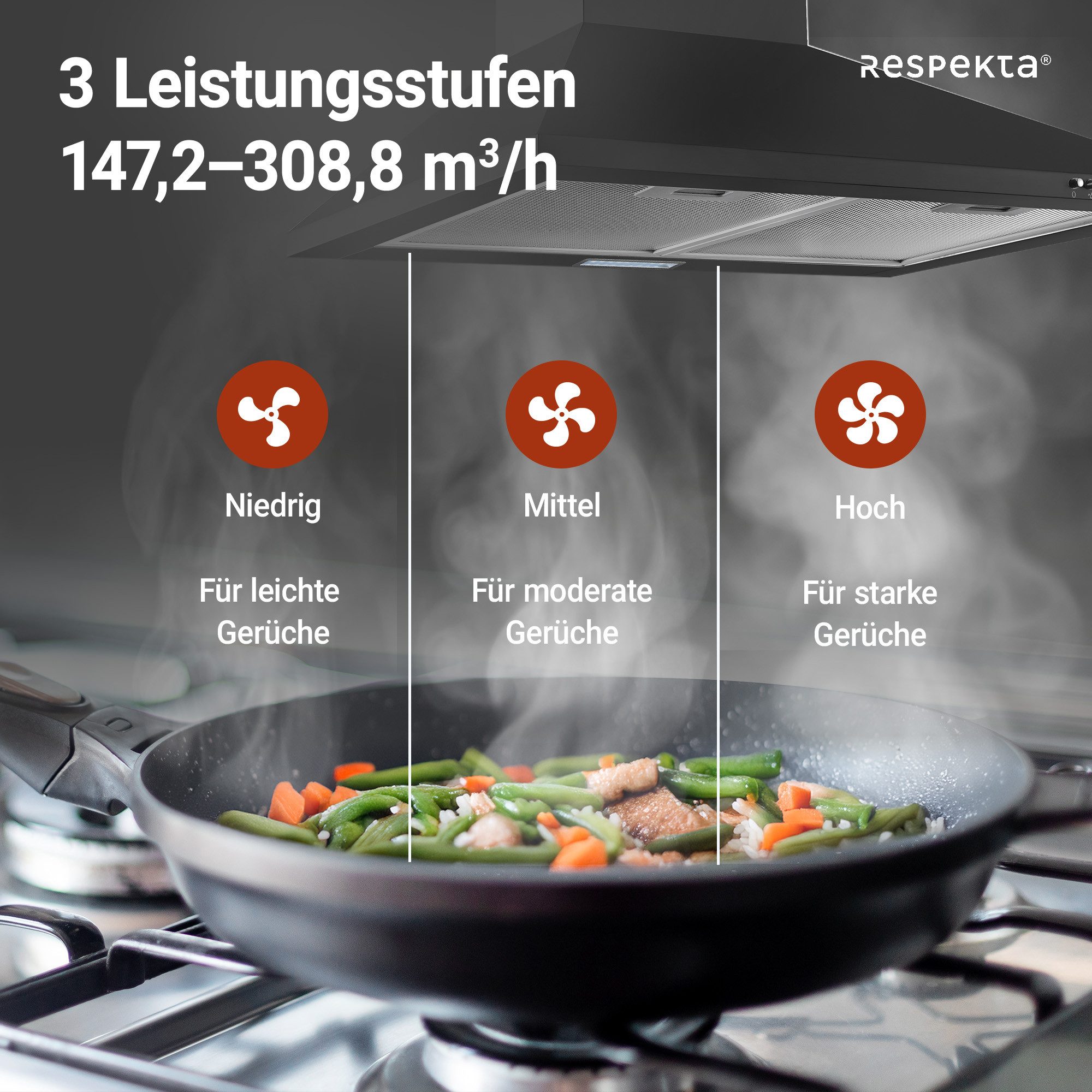 RESPEKTA Schouwkap CH 22055 SA 60 cm, 3 vermogensniveaus, led-verlichting, geschikt voor afzuiging en recirculatie
