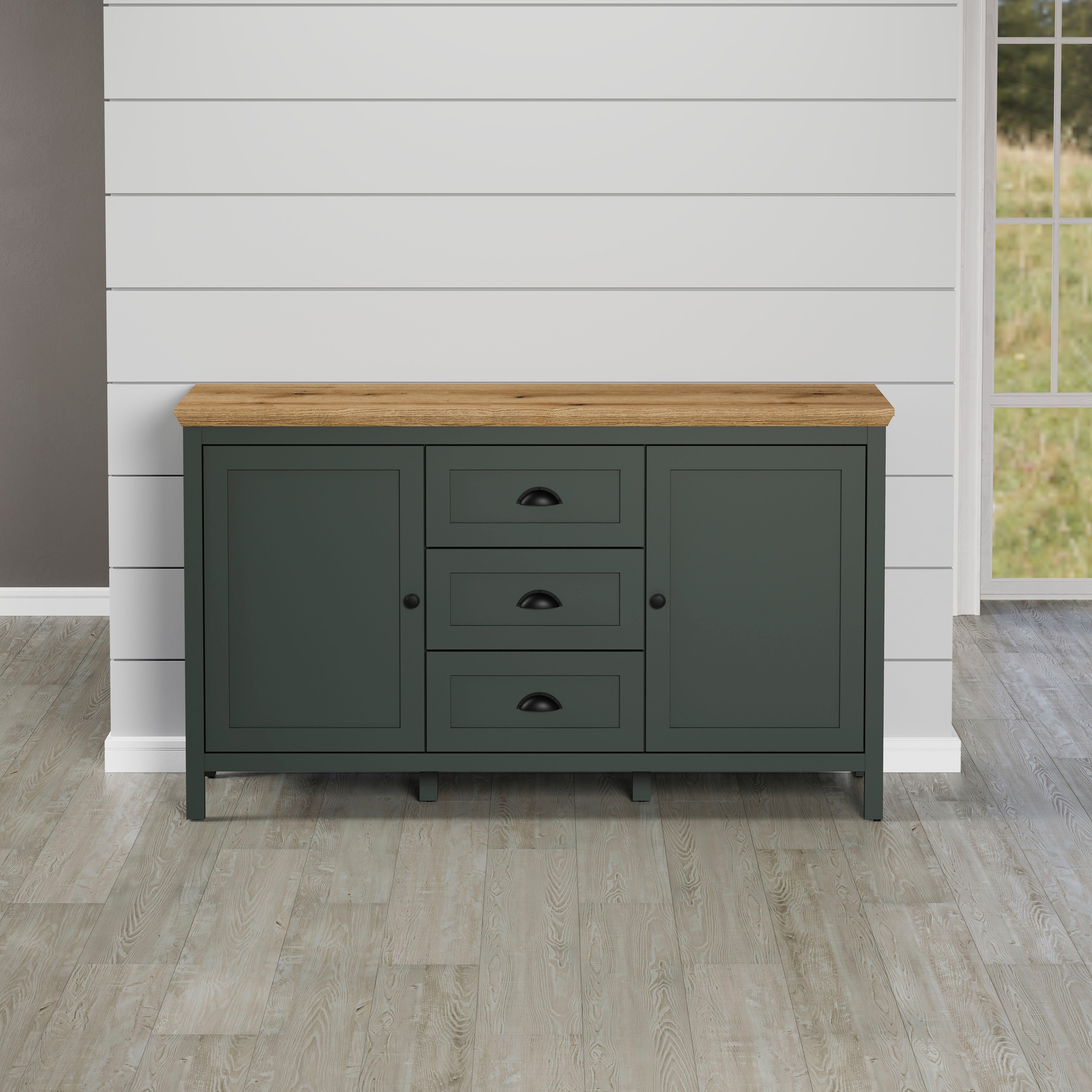 Home affaire Dressoir Vienna Commode in landhuisstijl met schelpenhandgrepen - 3 lades en 4 vakken dressoirs groen