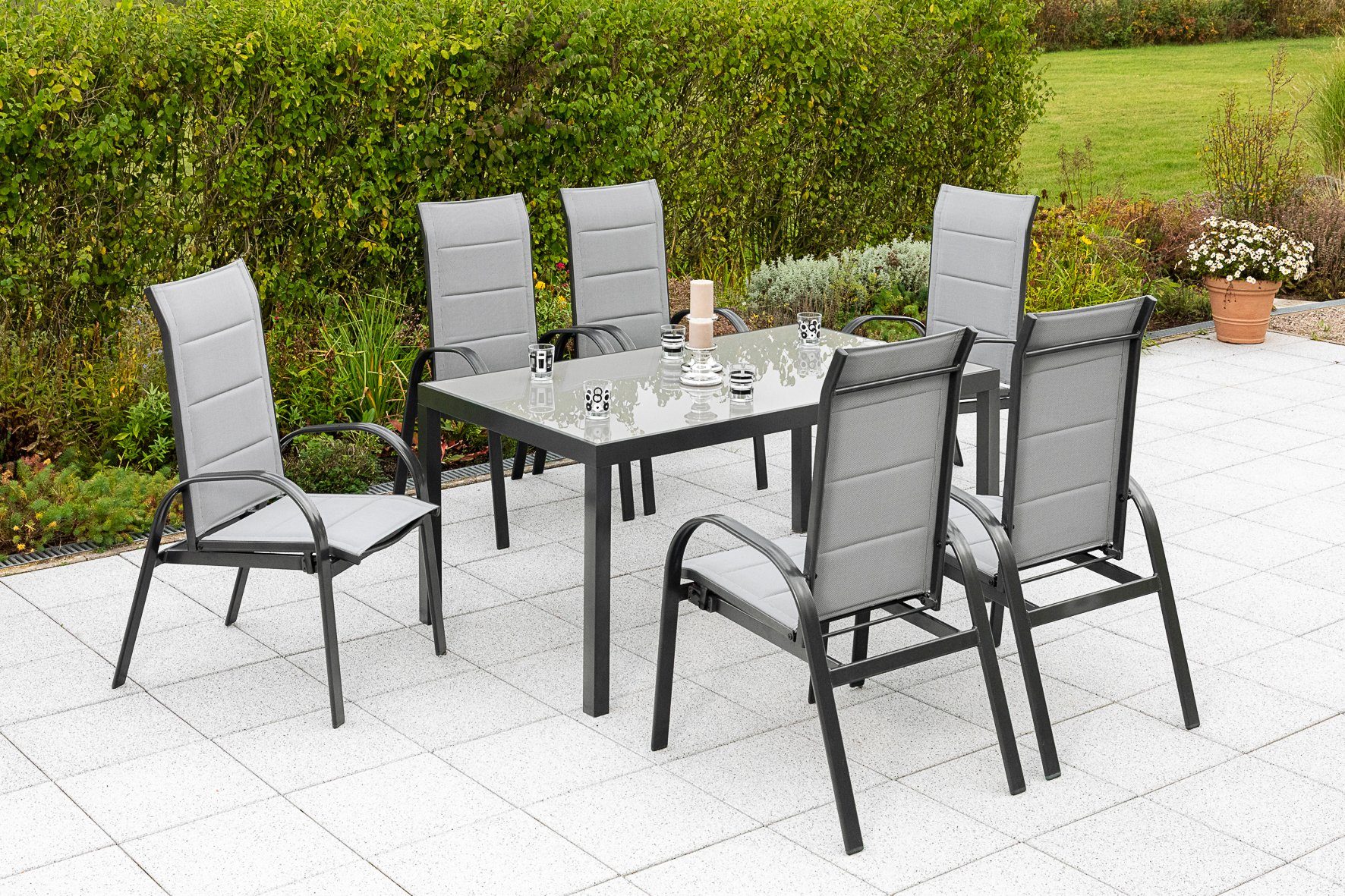 MERXX Tuin-eethoek Marini 6 klapstoelen met tafel (7-delig) tuinsets grijs