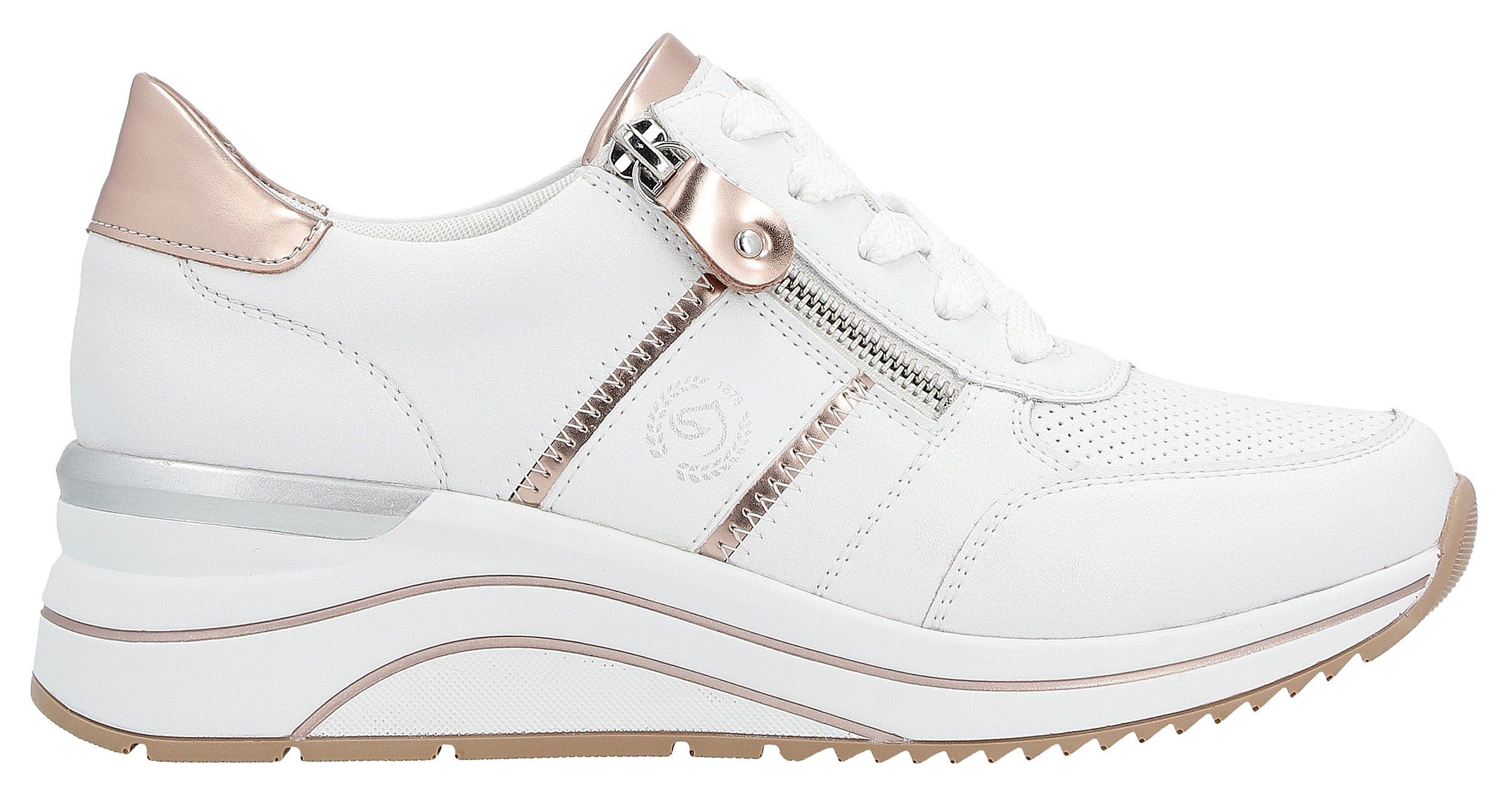 Remonte Sneakers met sleehak , vrijetijdsschoen, lage schoen, veterschoen met metallic contrastaccenten