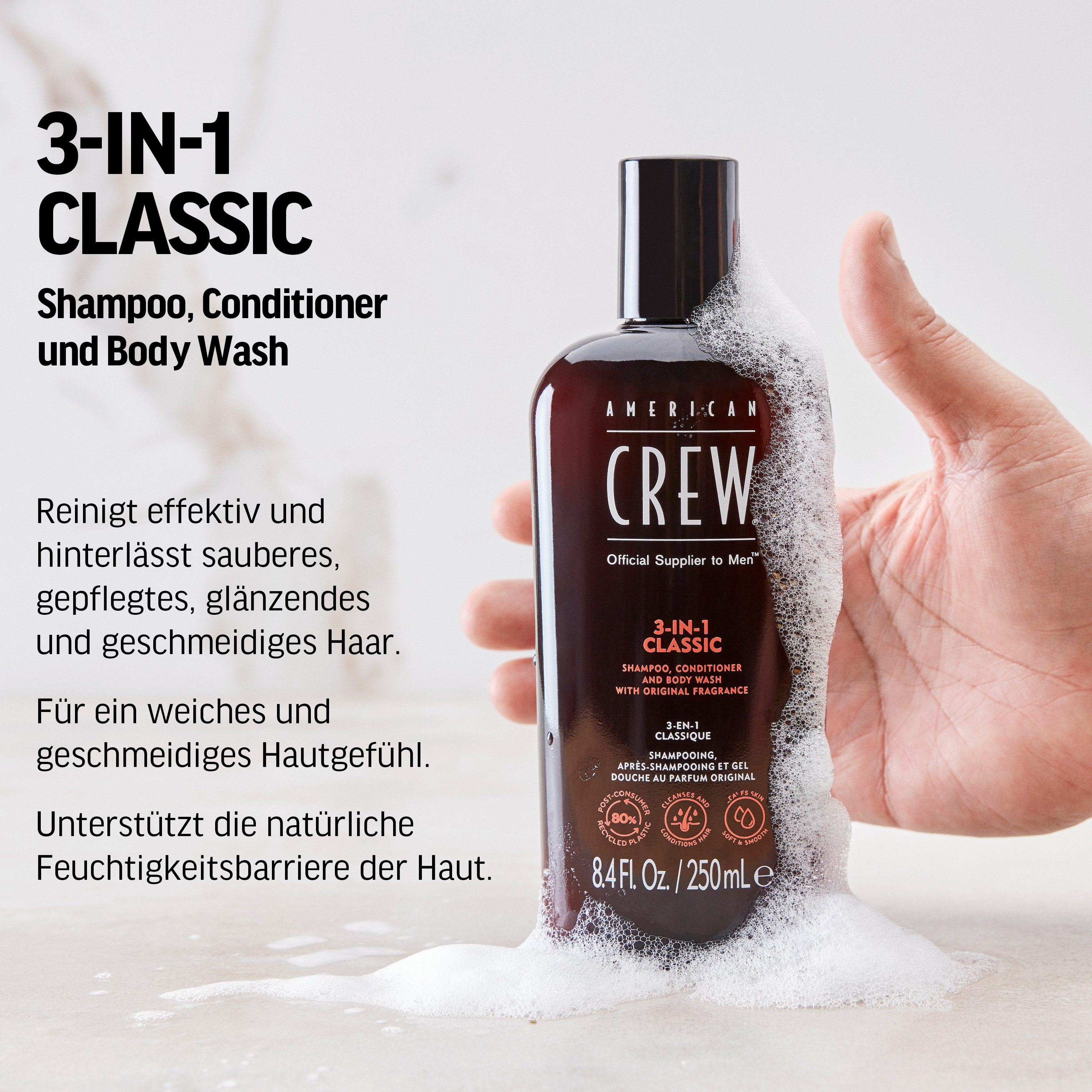 American Crew Haarshampoo 3-in-1 Classic shampoo, conditioner & body wash 250 ml (1-delig)