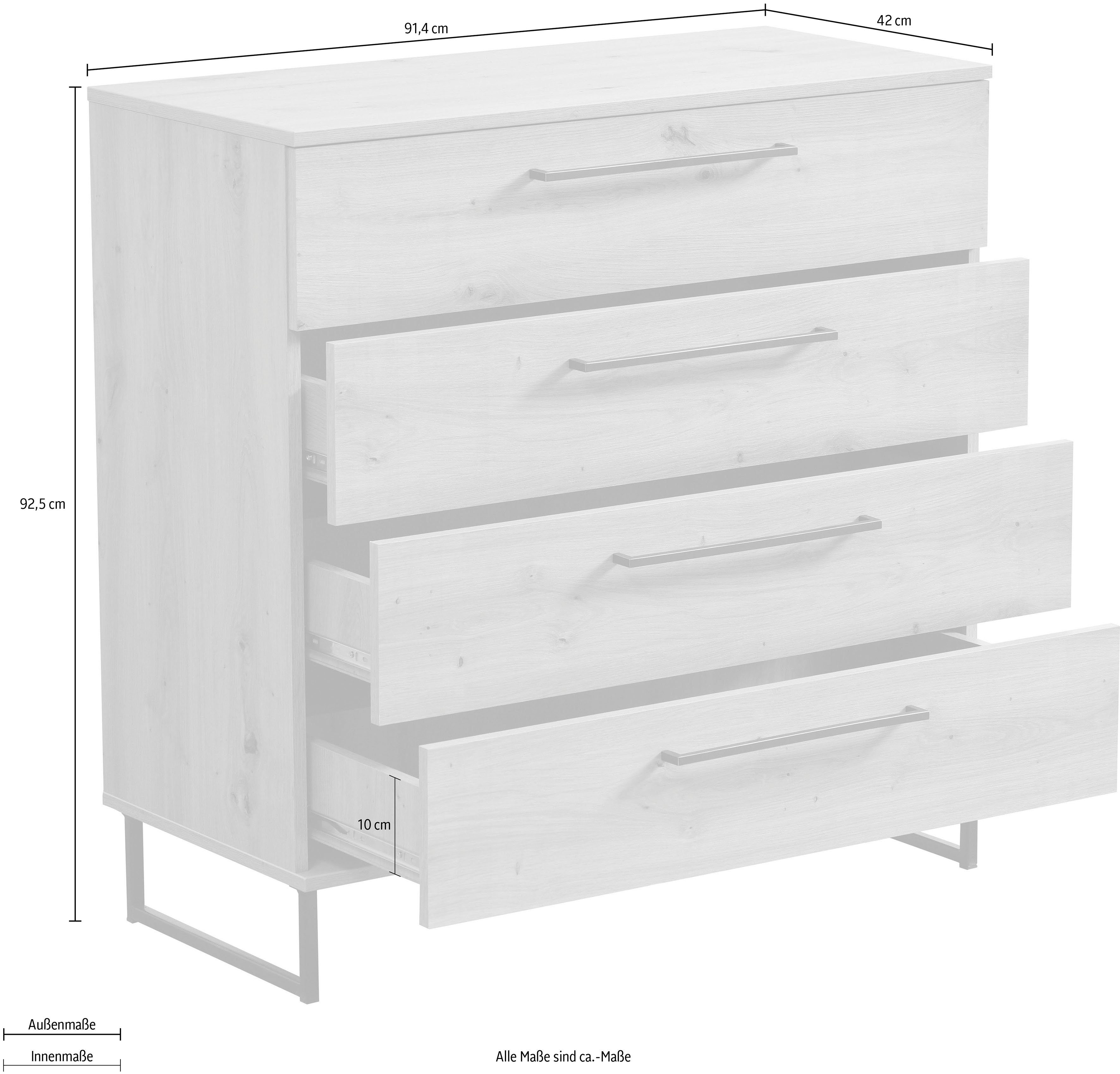 INOSIGN Ladekast Sardinië, 91x92,5x42cm, FSC® gecertificeerd houtmateriaal met 4 lades, met trendy zwarte handgrepen en metalen voeten