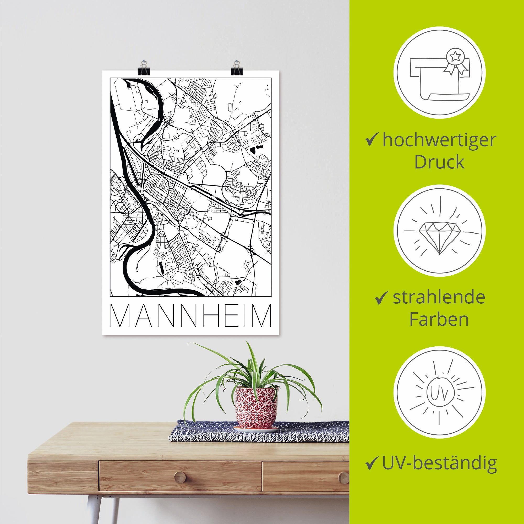 Artland Artprint Retro kaart Mannheim Duitsland als artprint van aluminium, artprint voor buiten, poster in diverse formaten