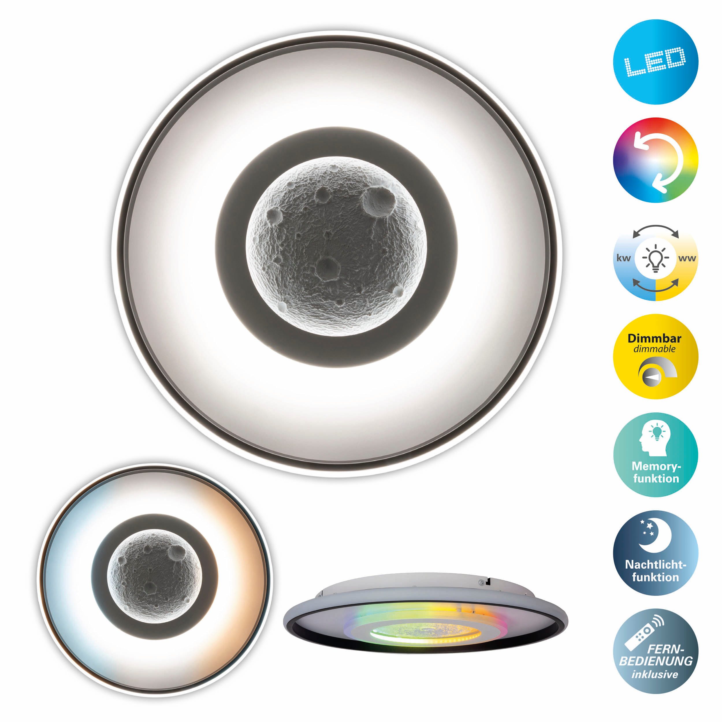 my home Led-plafondlamp Lyra Maan (maanstructuur), incl. CCT, RGB geheugen, nachtlamp, afstandsbediening (1 stuk)