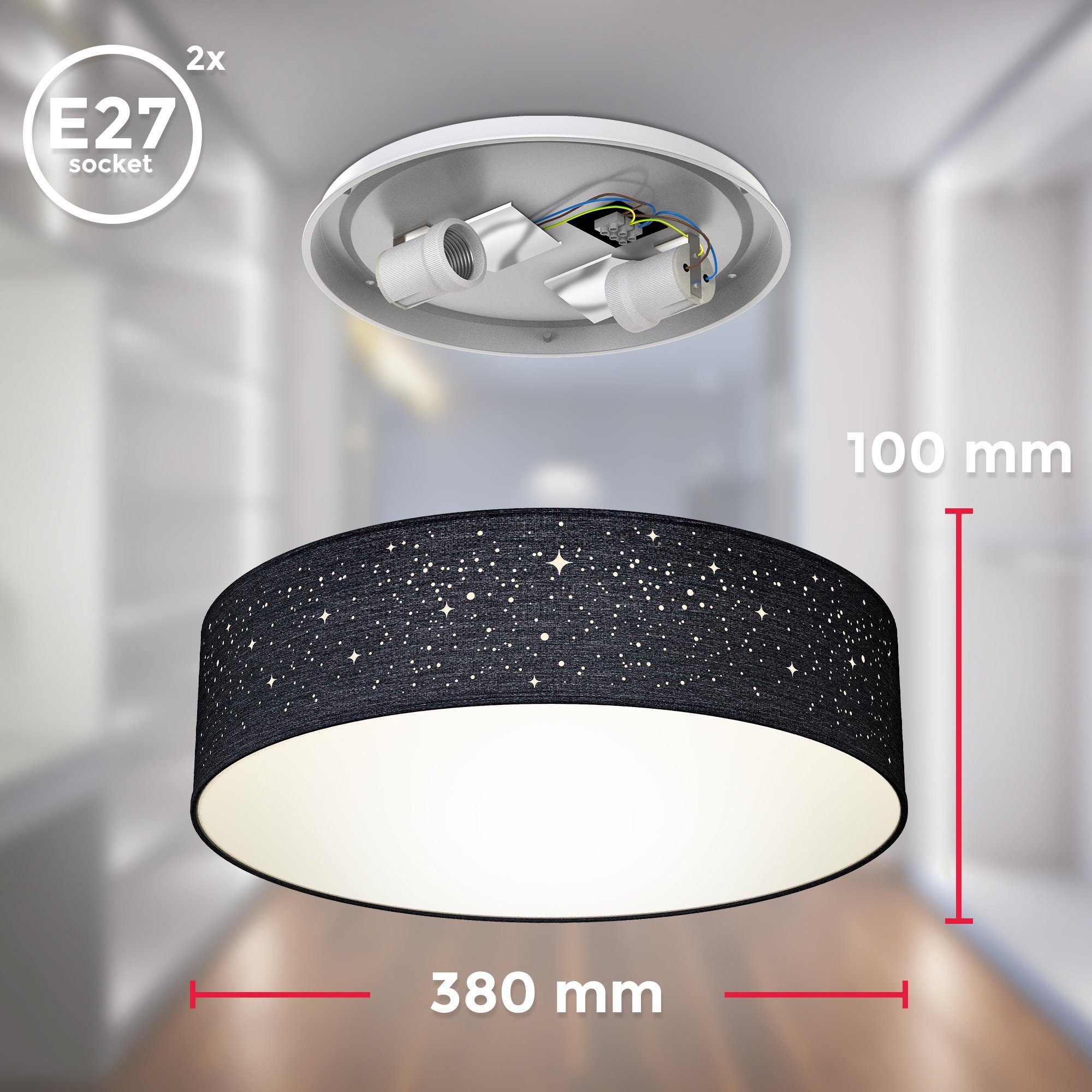 B.K.Licht Plafondlamp Textiel-sterrenhemel, zwart, 2-armig E27, stoffen plafondlamp rond (1 stuk)