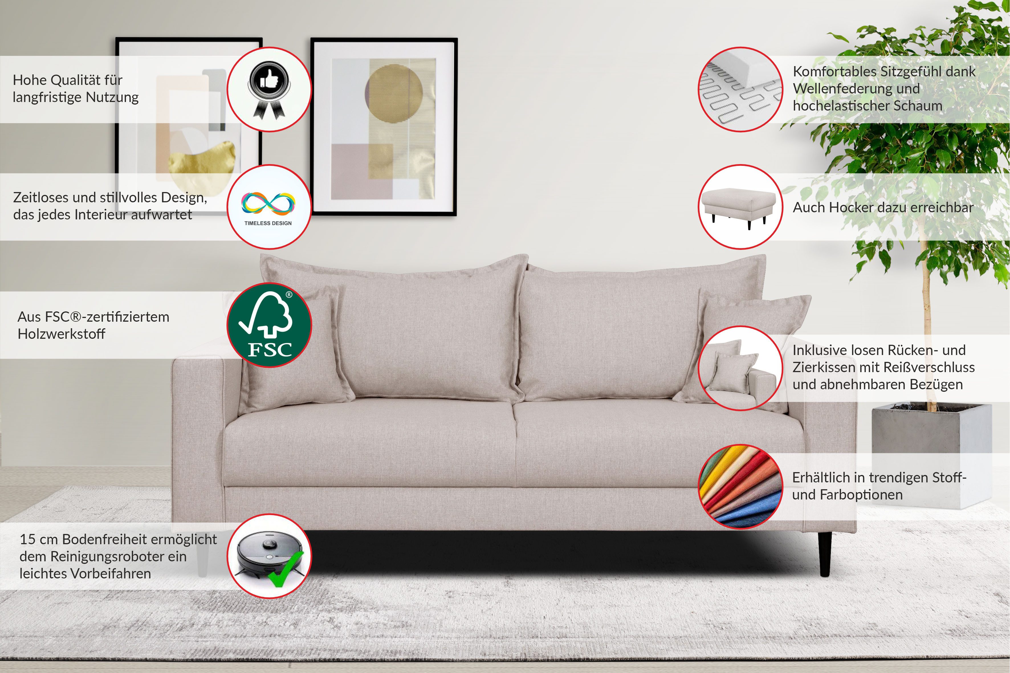 Home affaire 2-zitsbank VEYRAS, hoog zitcomfort, afmetingen B/D/H: 162/84/76 cm