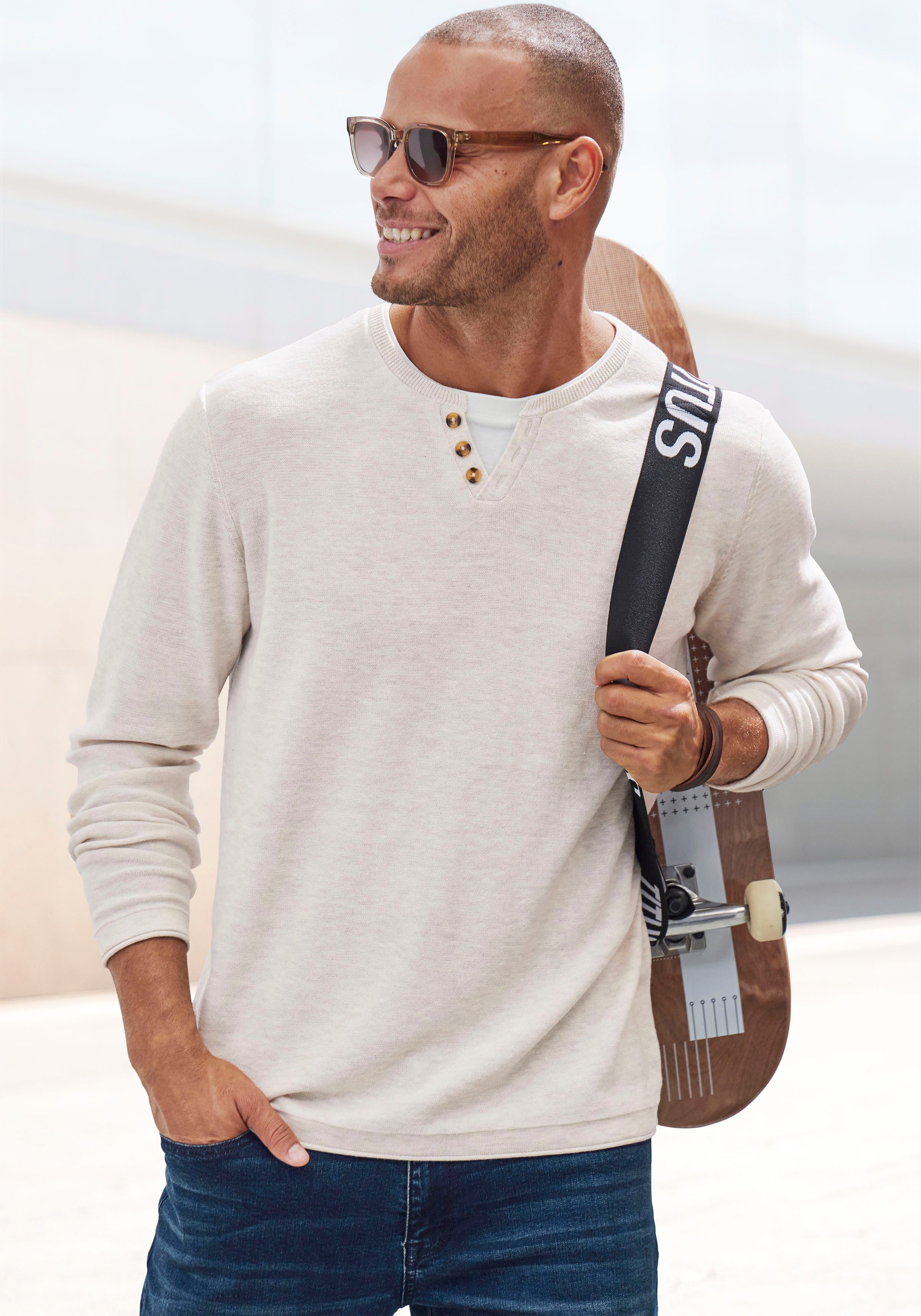 H.I.S Gebreide trui Pullover met hoogwaardige halsafwerking in double-layer look heren pullovers maat S (44/46) beige