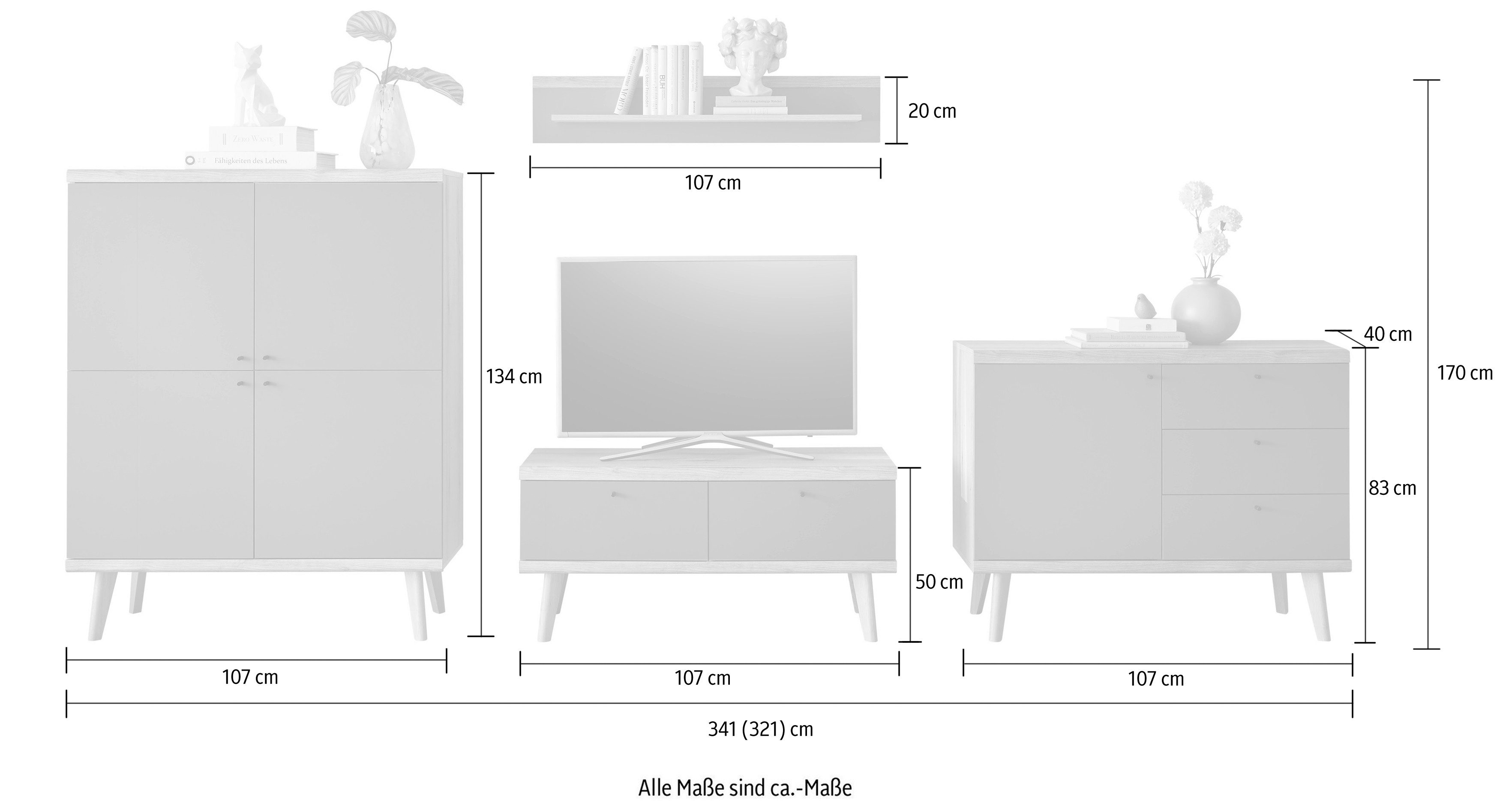 INOSIGN Wandmeubel MAVAS in moderne trendkleur, handgrepen van metaal (zwart), breedte 341 cm (set, 4-delig)