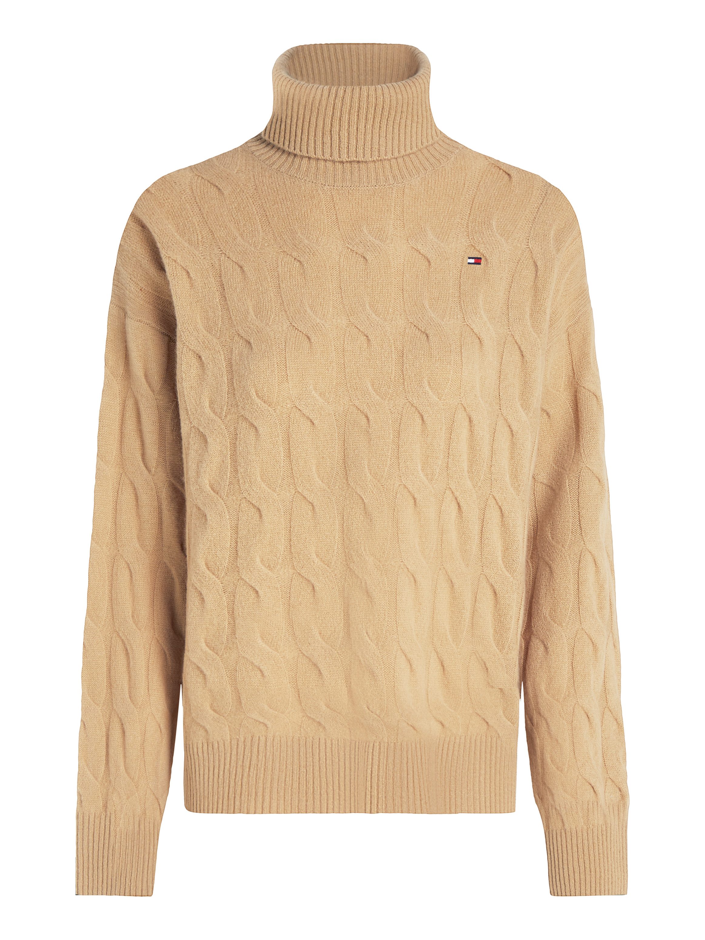 Tommy Hilfiger Coltrui SOFT WOOL CABLE ROLL-NK SWEATER met logoborduring allover kabelpatroon rolkraag 100% wol