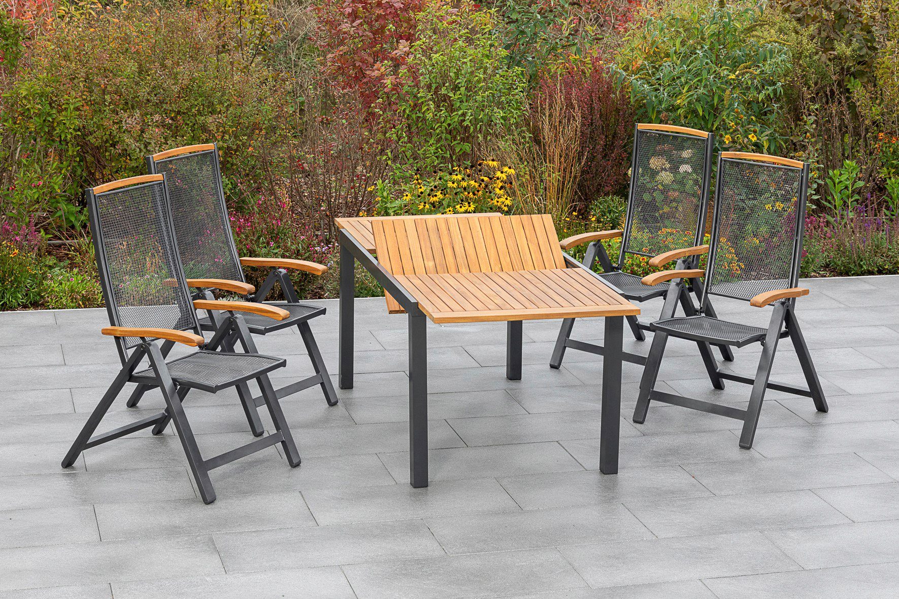 MERXX Tuin-eethoek Tilos 4 klapstoelen met uittrekbare tafel (5-delig) tuinsets beige