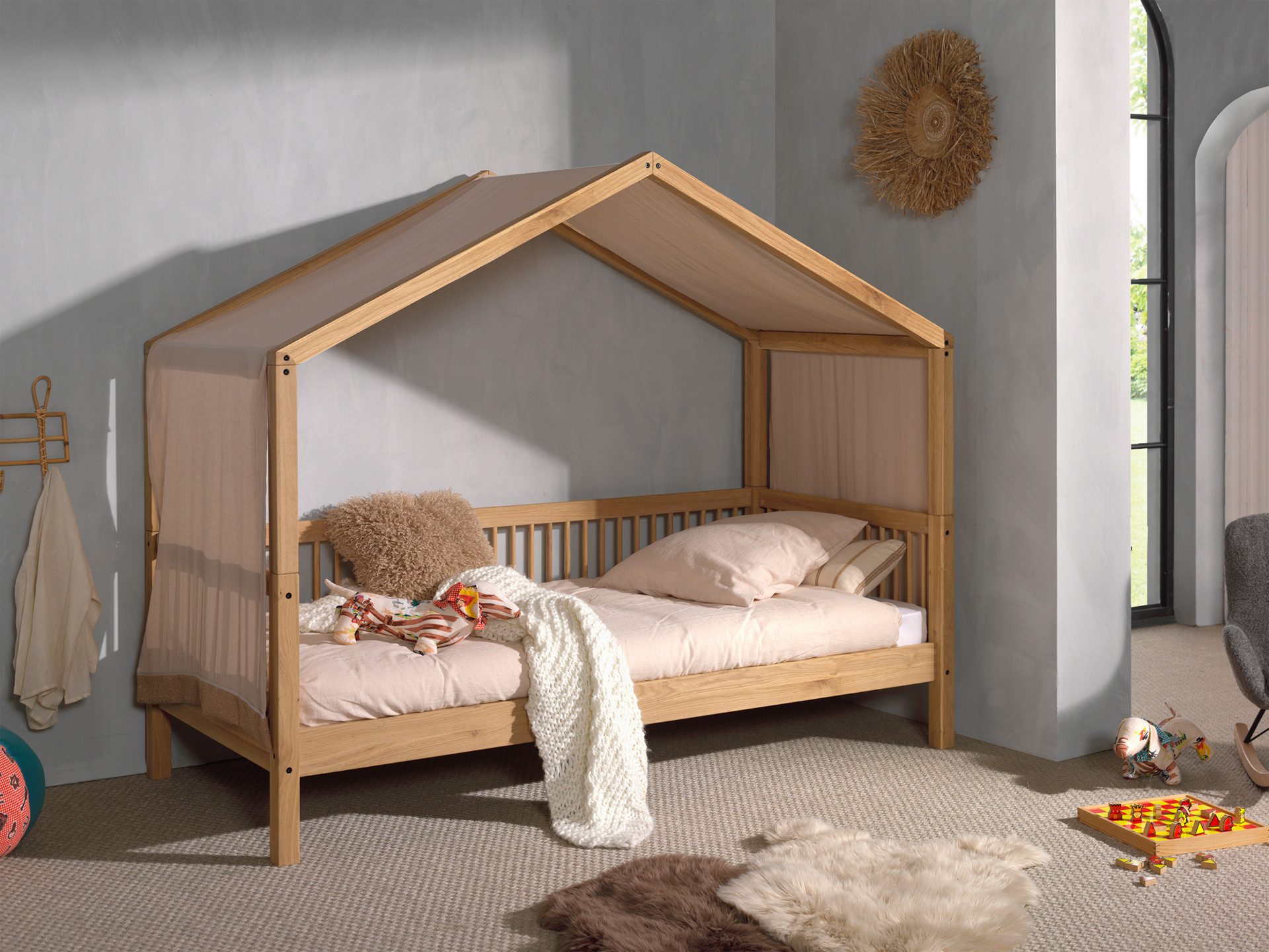 Home affaire Huisbed van massief eiken geolied, lf90x200 cm, met stoffen hemel