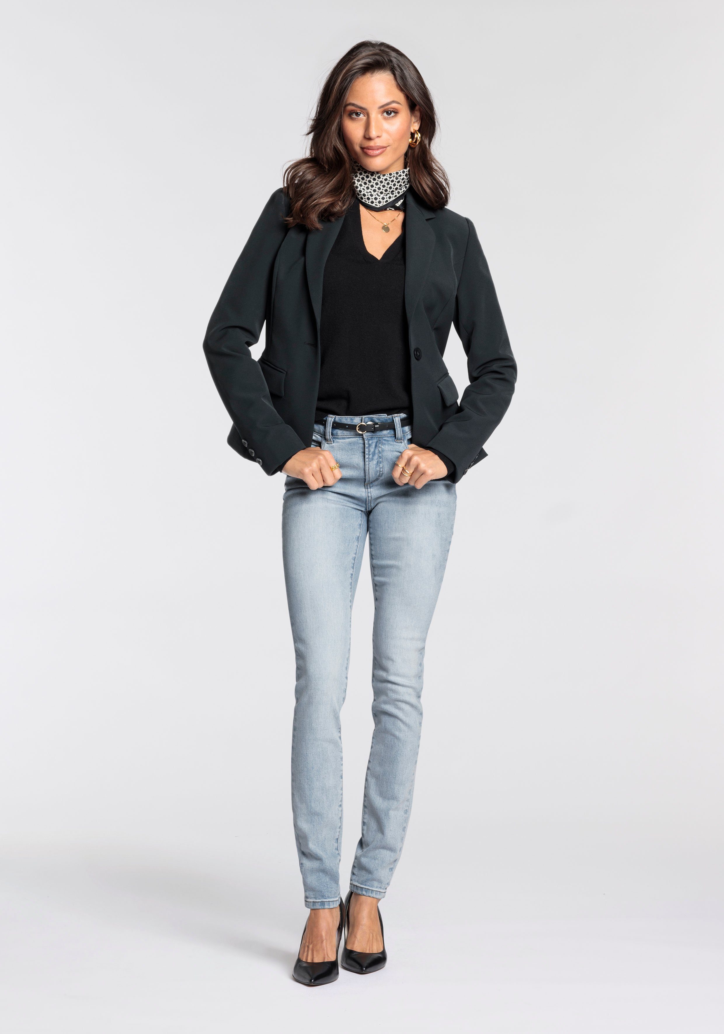HECHTER PARIS Skinny fit jeans hoge taille, enkel-lang, elastische twill-stof, used-wassing