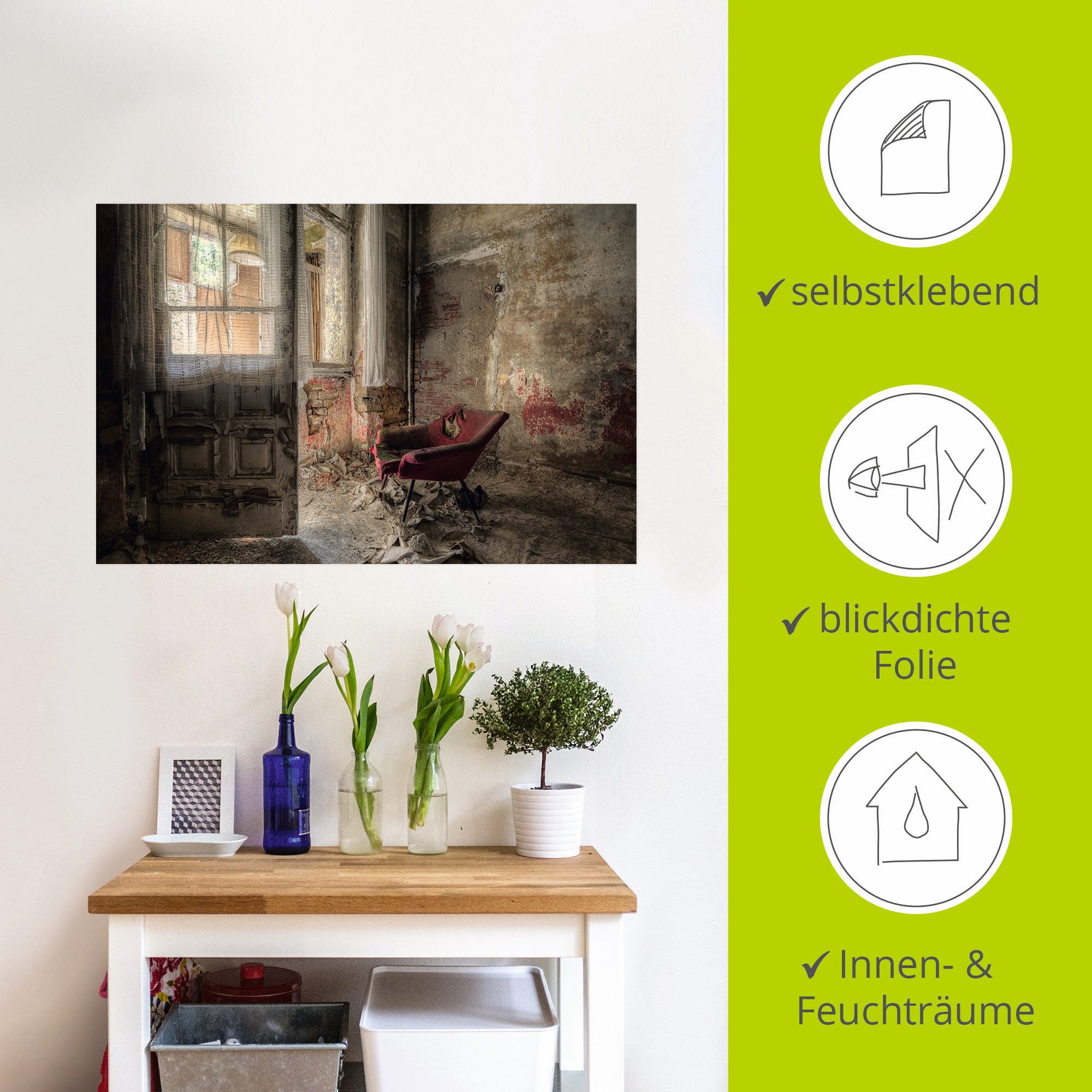 Artland Artprint Lost Place - rode fauteuil I als artprint van aluminium, artprint voor buiten, artprint op linnen, poster, muursticker