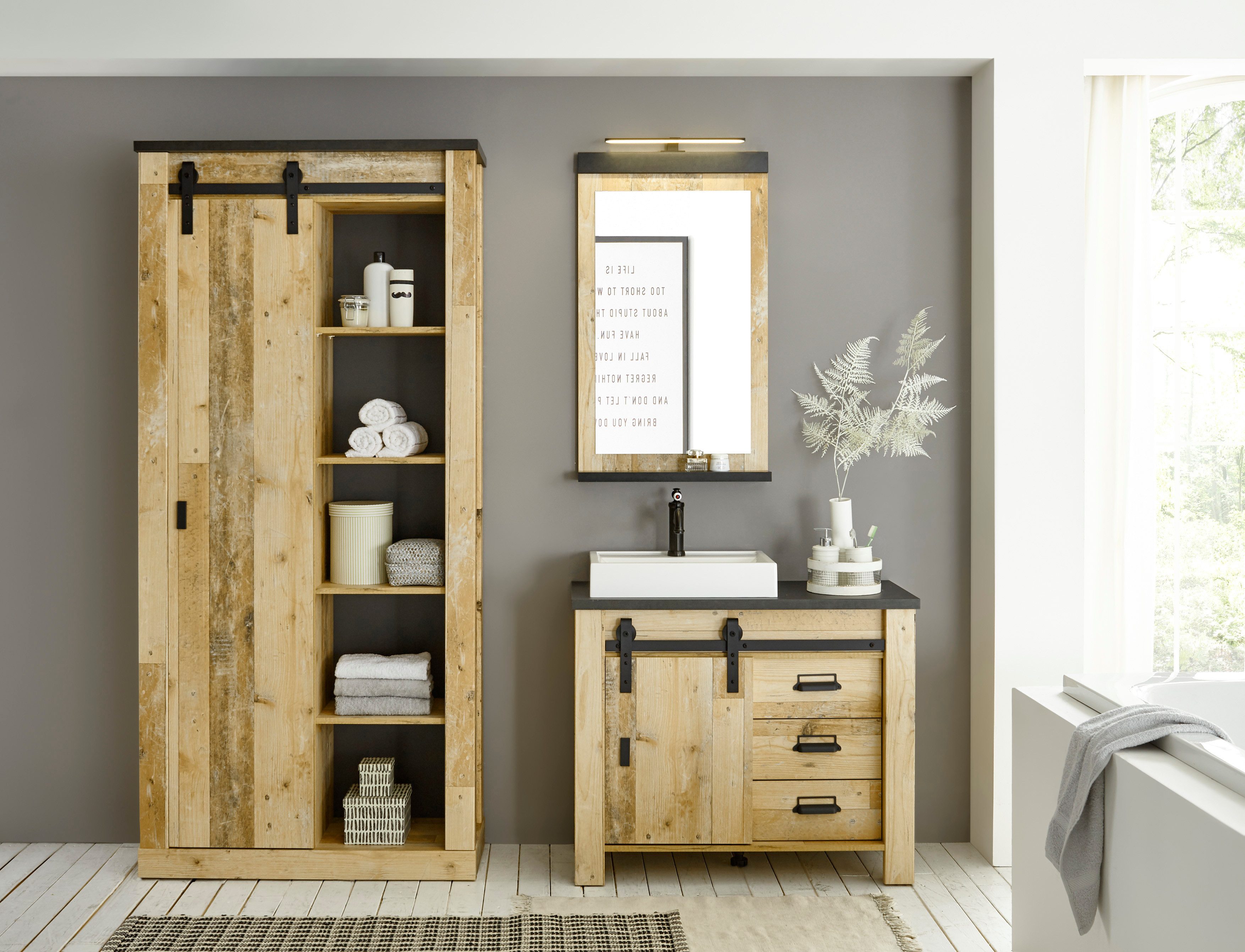 Home affaire Badkamerserie SHERWOOD, Bad im modernen Design, 3-teiliges Badezimmer in houtdecor, met schuurdeurbeslag en apothekersgrepen van metaal (3-delig)