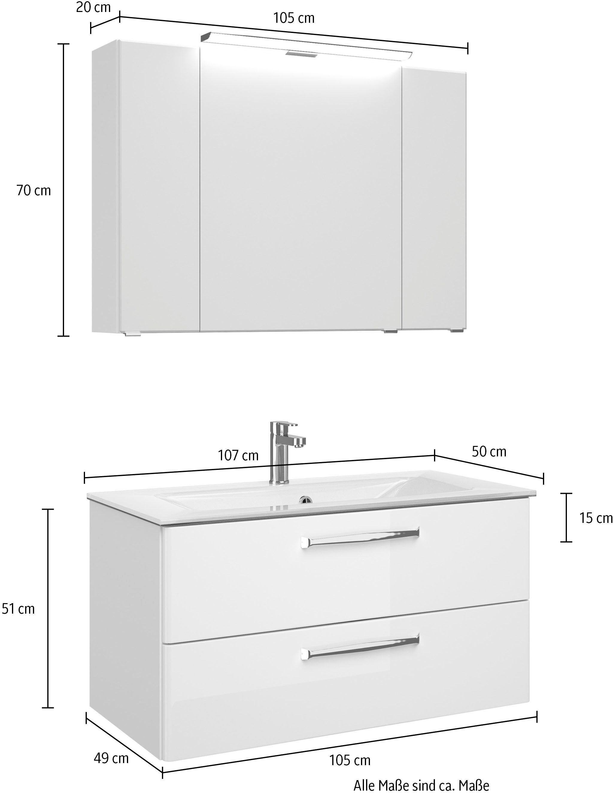 Saphir Badmeubelset Trentino 2-delig glazen wastafel, spiegelkast met LED-verlichting Badkamermeubel-set 107cm breed, incl. deurdemper, 3 deuren, 2 lades (3 stuks)