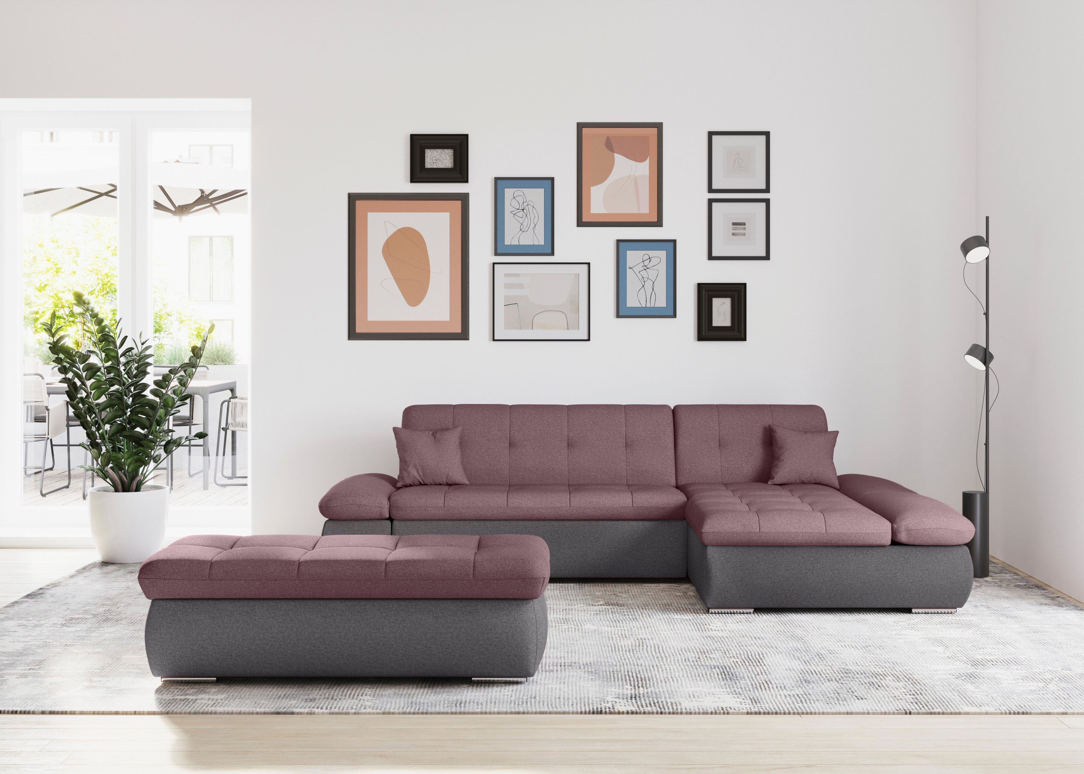 DOMO collection Hoekbank Moric, L-vorm, XXL-bank - Breedte 300cm keuze met bedfunctie en armleuningverstelling, donkergroen
