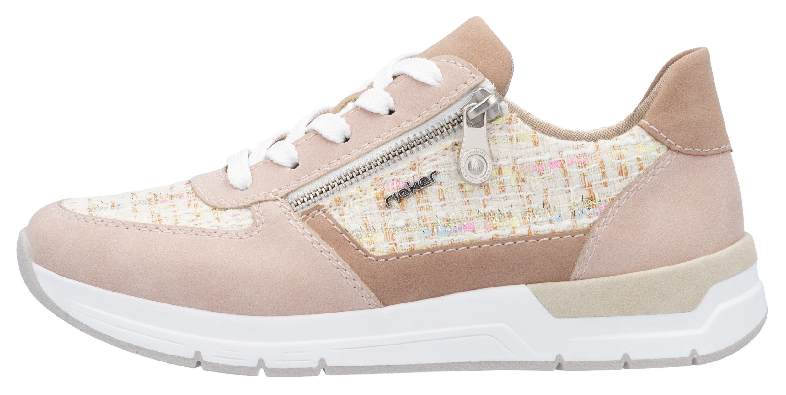 Rieker Sneakers met sleehak lage schoen freizeitschoen casual veterschoen in materialenmix