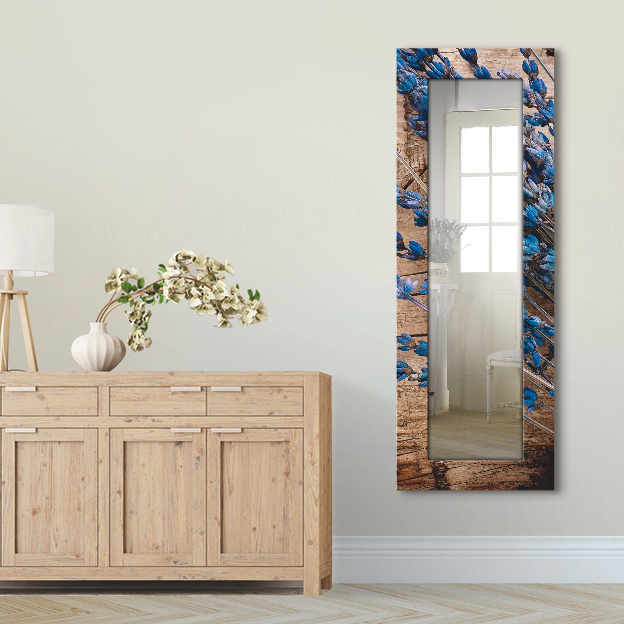 Artland Sierspiegel Lavendel tegen houten achtergrond ingelijste spiegel voor het hele lichaam met motiefrand, geschikt voor kleine, smalle hal, halspiegel, mirror spiegel omrand o