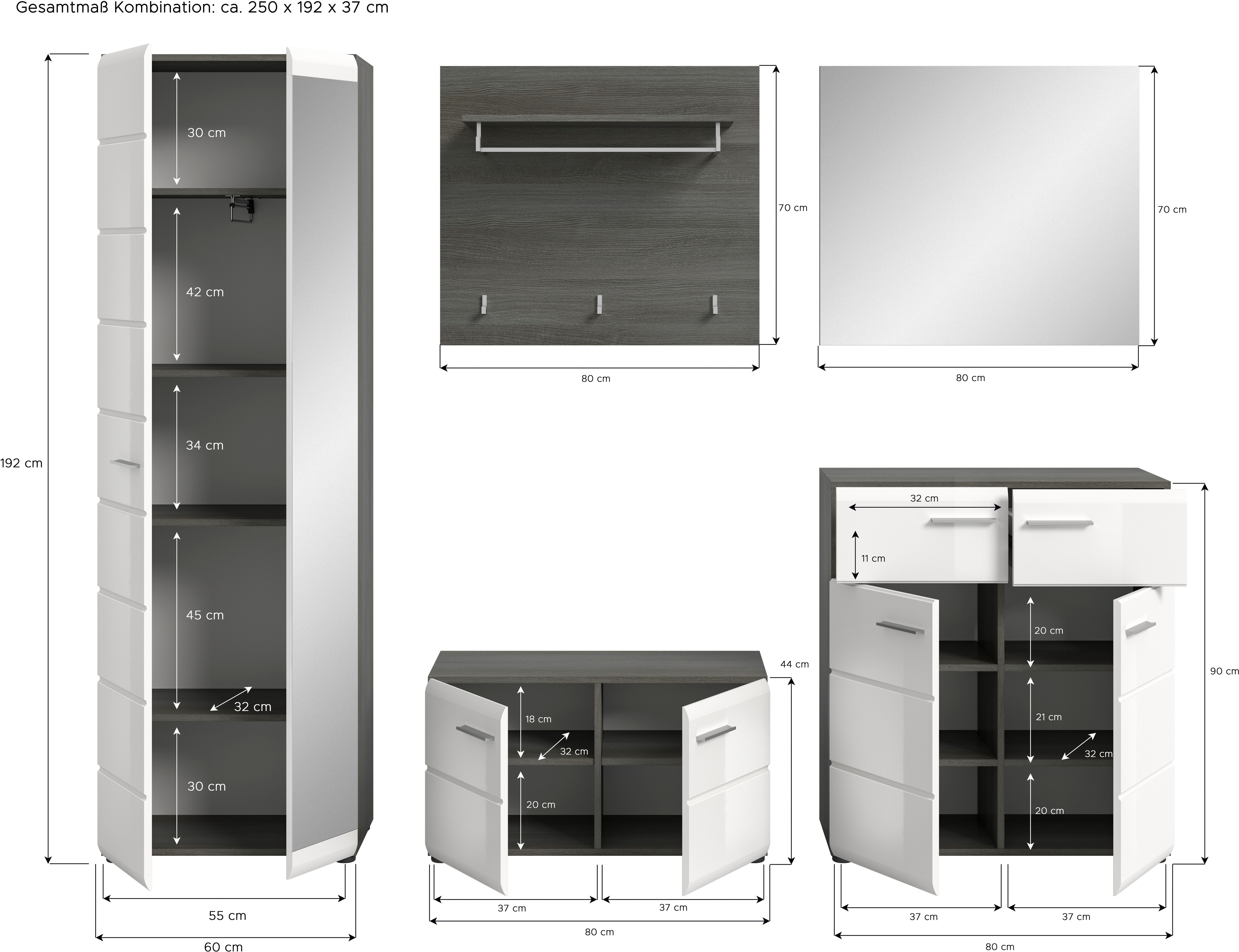 INOSIGN Halmeubelset Rumba, 5-delig, Breedte 250 cm, Hoogglans Front, bestaand uit: Garderobekast, schoenenbank, garderobepaneel, schoenenkast, spiegel (5 stuks)