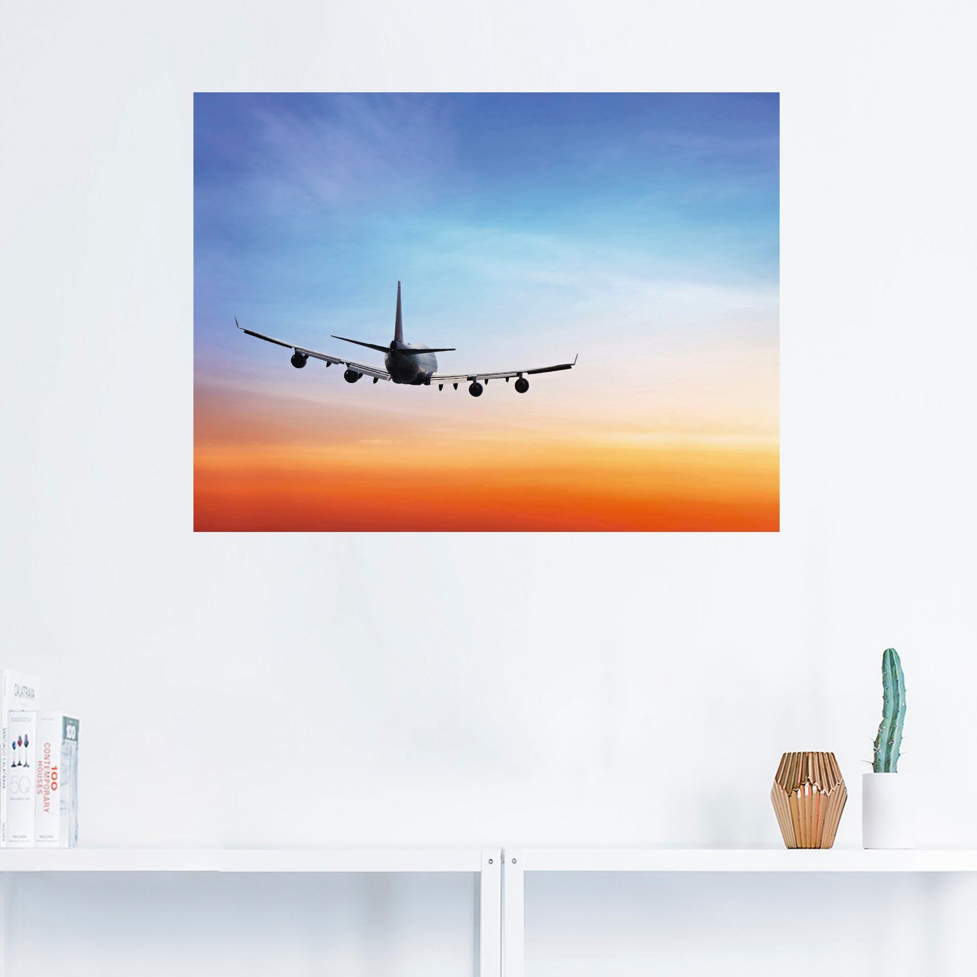 Artland Artprint Vliegtuig voor oranje/blauwe avondhemel als artprint op linnen, muursticker in verschillende maten