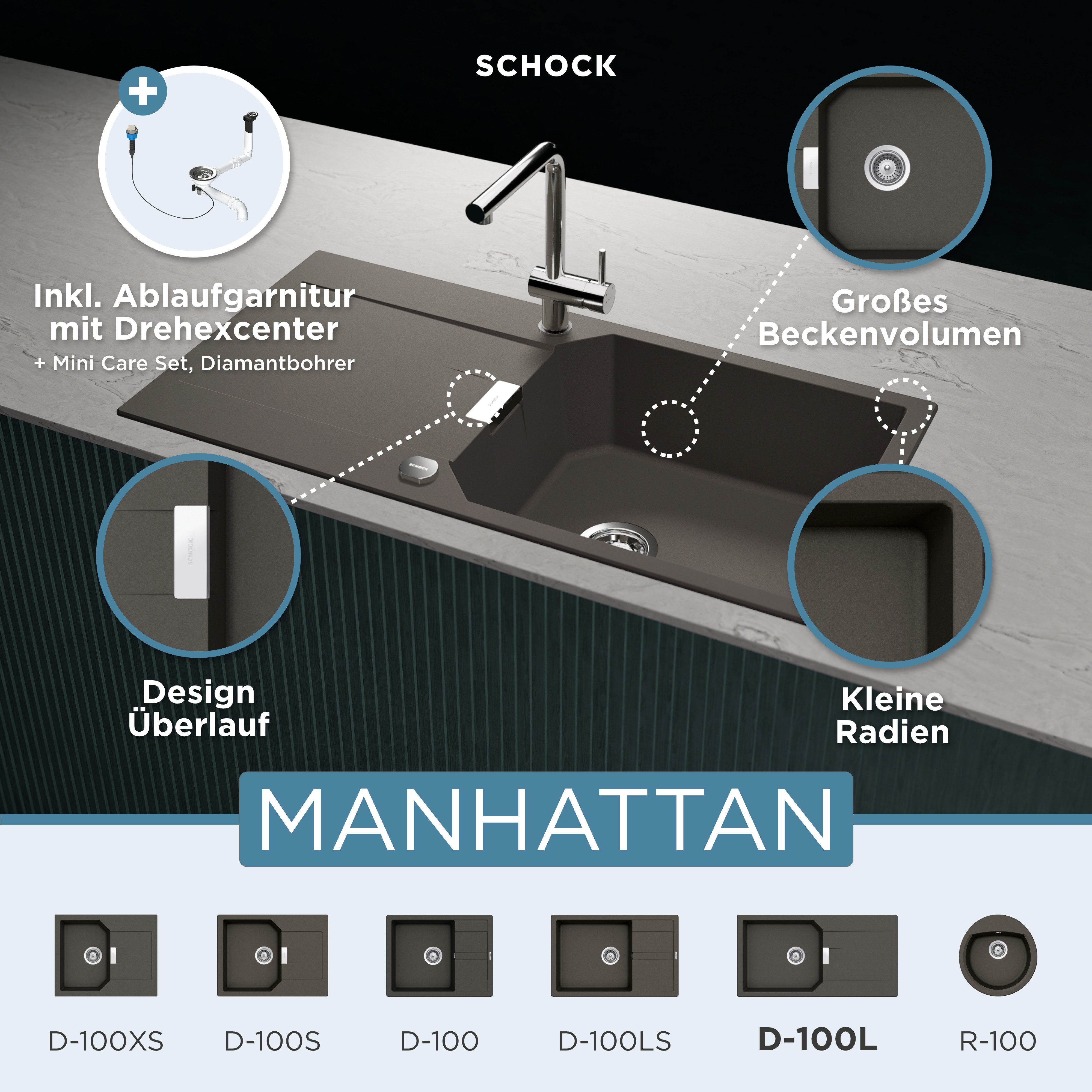 Schock Granieten spoelbak Manhattan D-100L keukenspoelbakken maat -