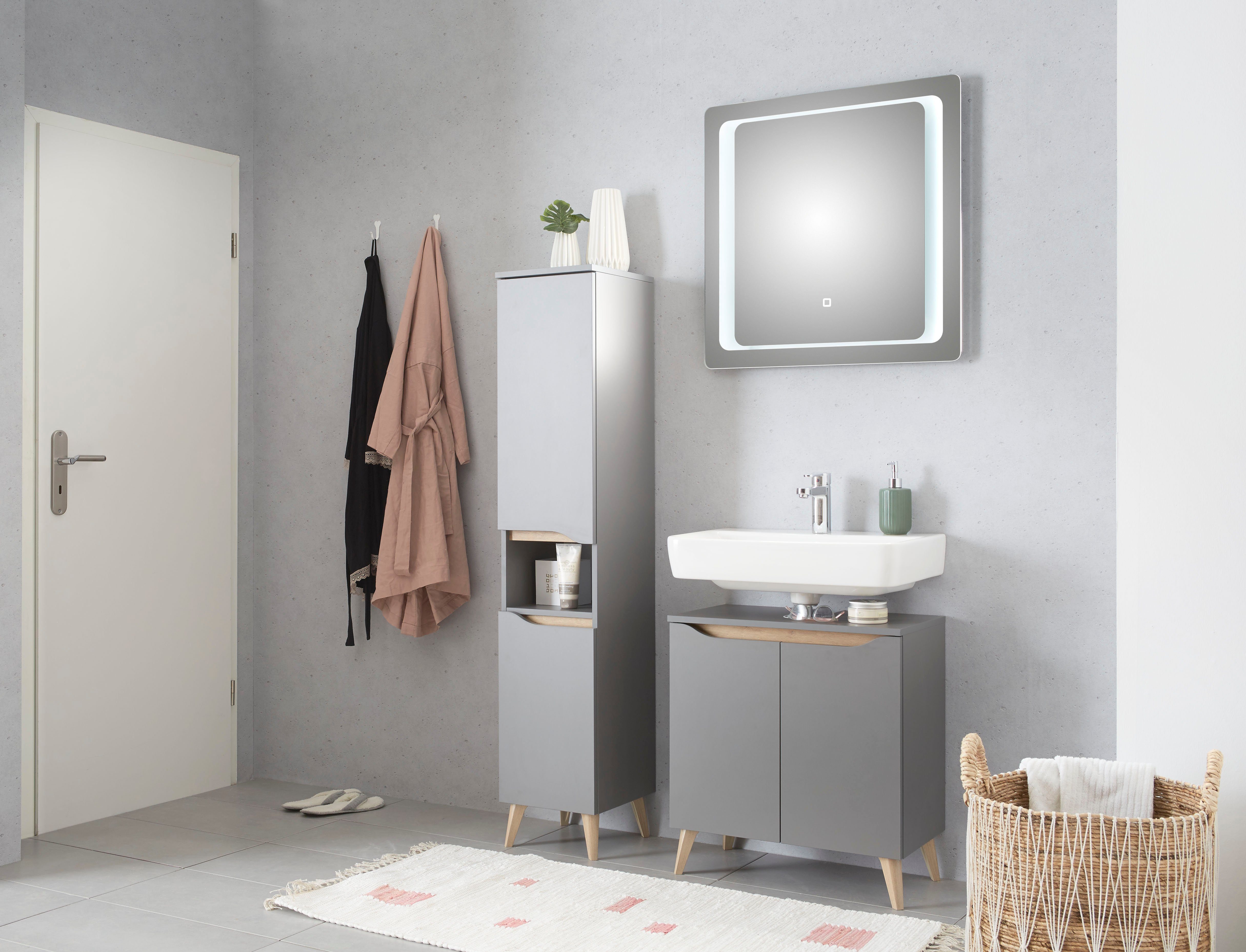 Saphir Badkamerserie Quickset 3-delig, wastafelonderkast met led-spiegel met halfhoge kast, inclusief deurdemper, 4 deuren, 1 nis, badkameraccessoireset (3-delig)