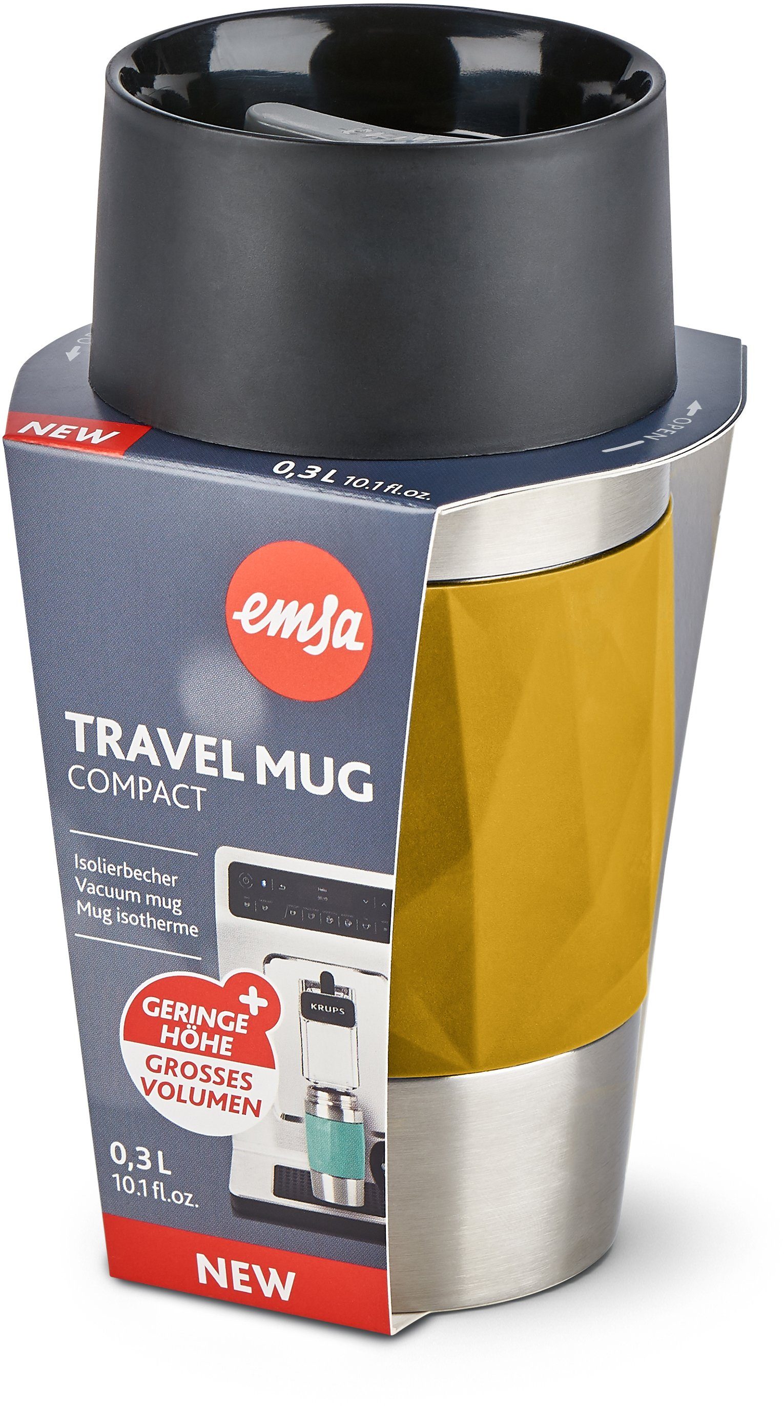 Emsa Thermosbeker Travel Mug Compact 0,3l, roestvrij staal, 3u warm/6u koud, 360° drinkopening, vaatwasmachinebestendig
