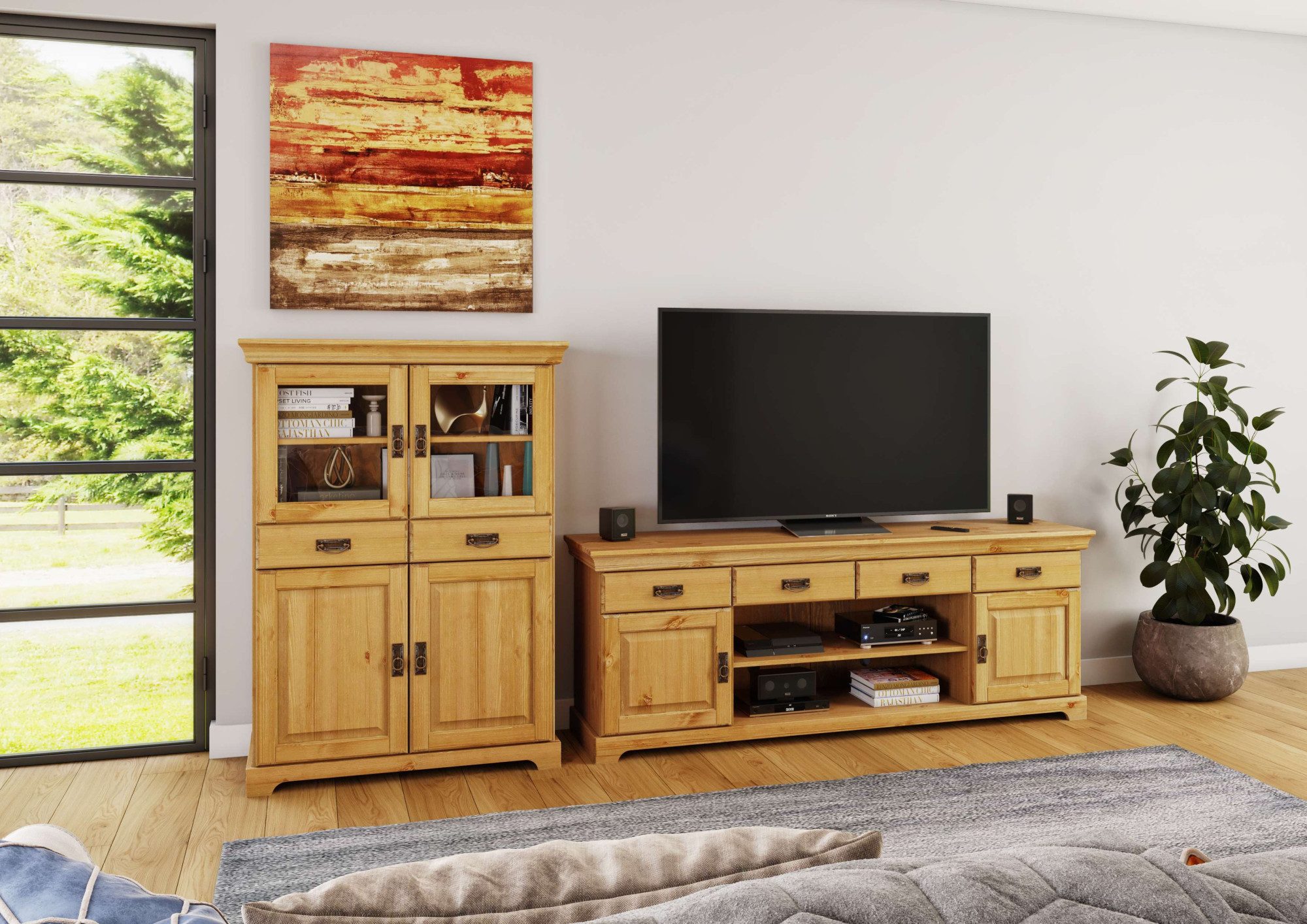 Home affaire Highboard Rügen Vitrine in landelijke stijl, gecertificeerd massief hout, hoogte 131 cm