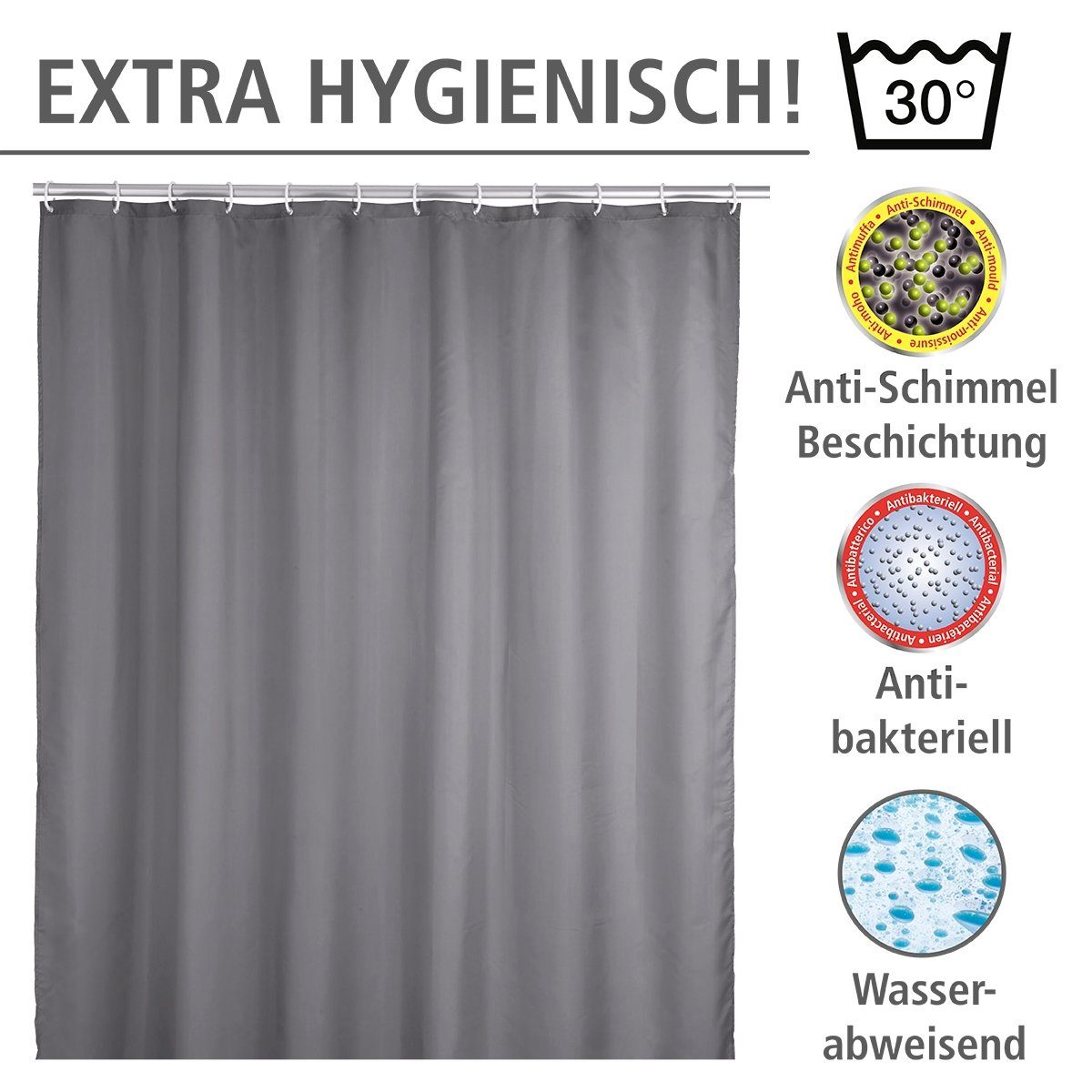 WENKO Douchegordijn Uni Grey Hoogte 200 cm, wasbaar