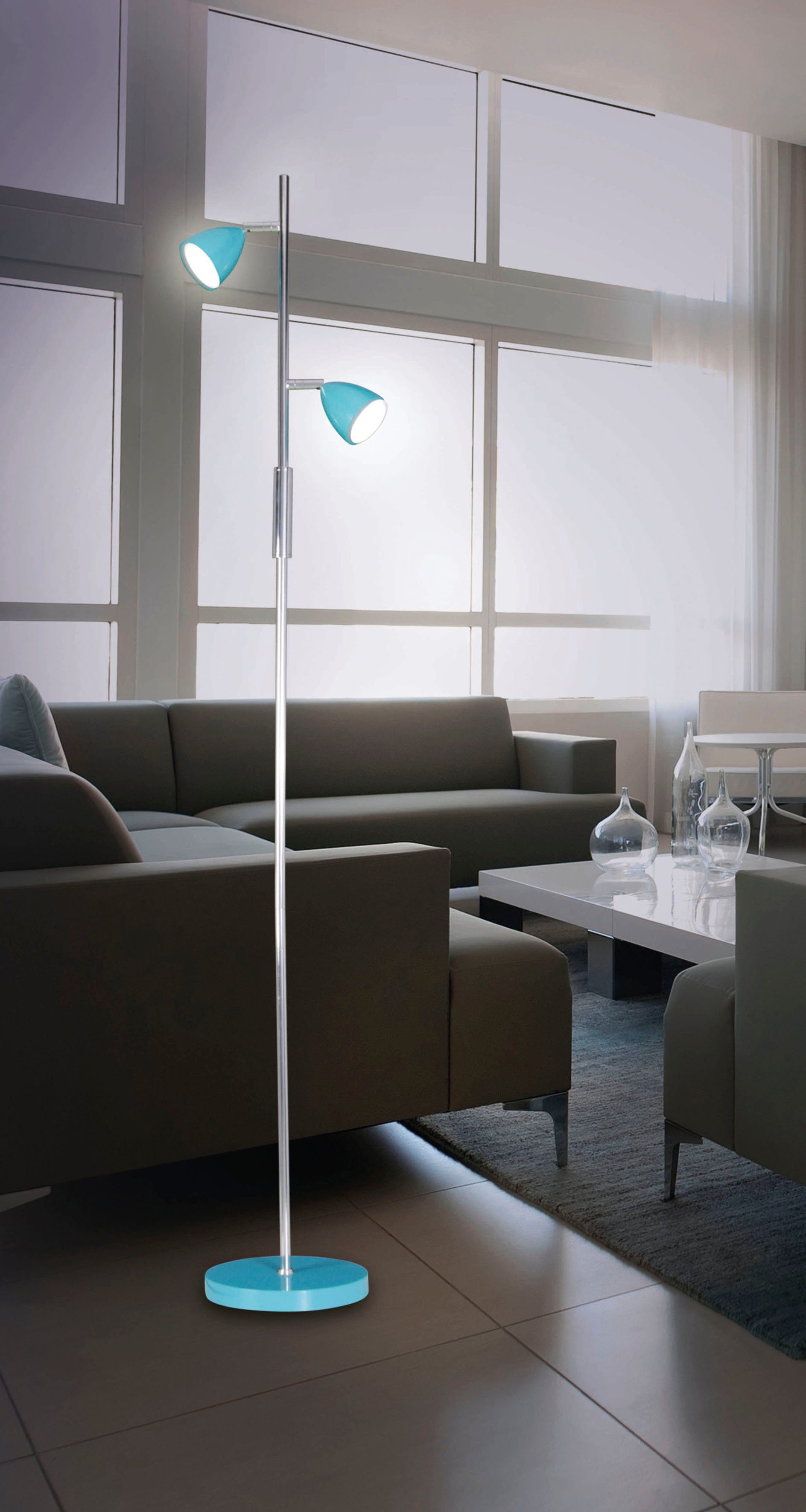 näve Staande ledlamp AARON 2-vlamig, h: 145 cm, kappen en voet in turquoise/chroom, aan/uit-schakelaar (1 stuk)