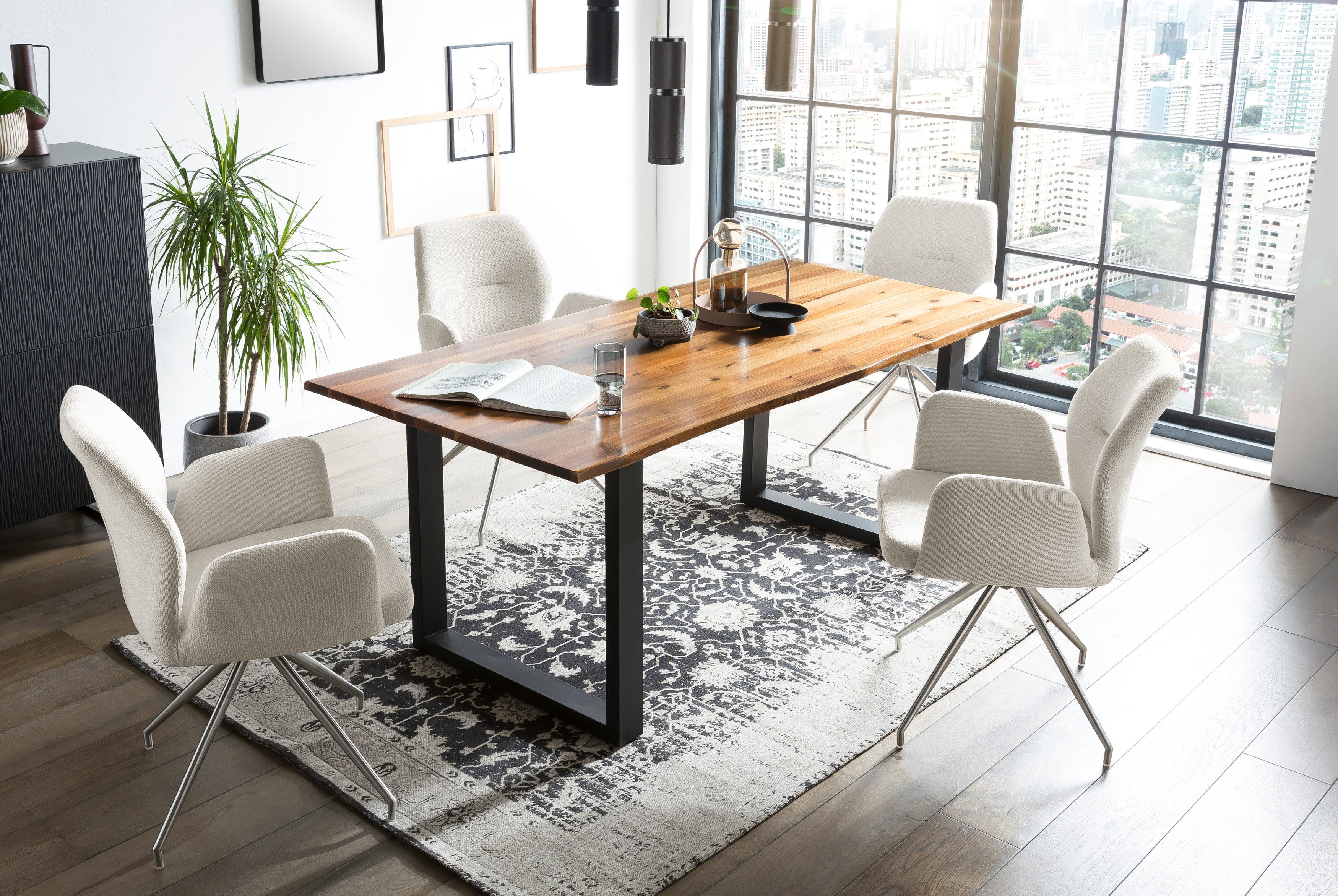 SalesFever Eethoek Tafelblad met echte boomrand, frame van roestvrij staal (set, 5-delig) eethoeken beige