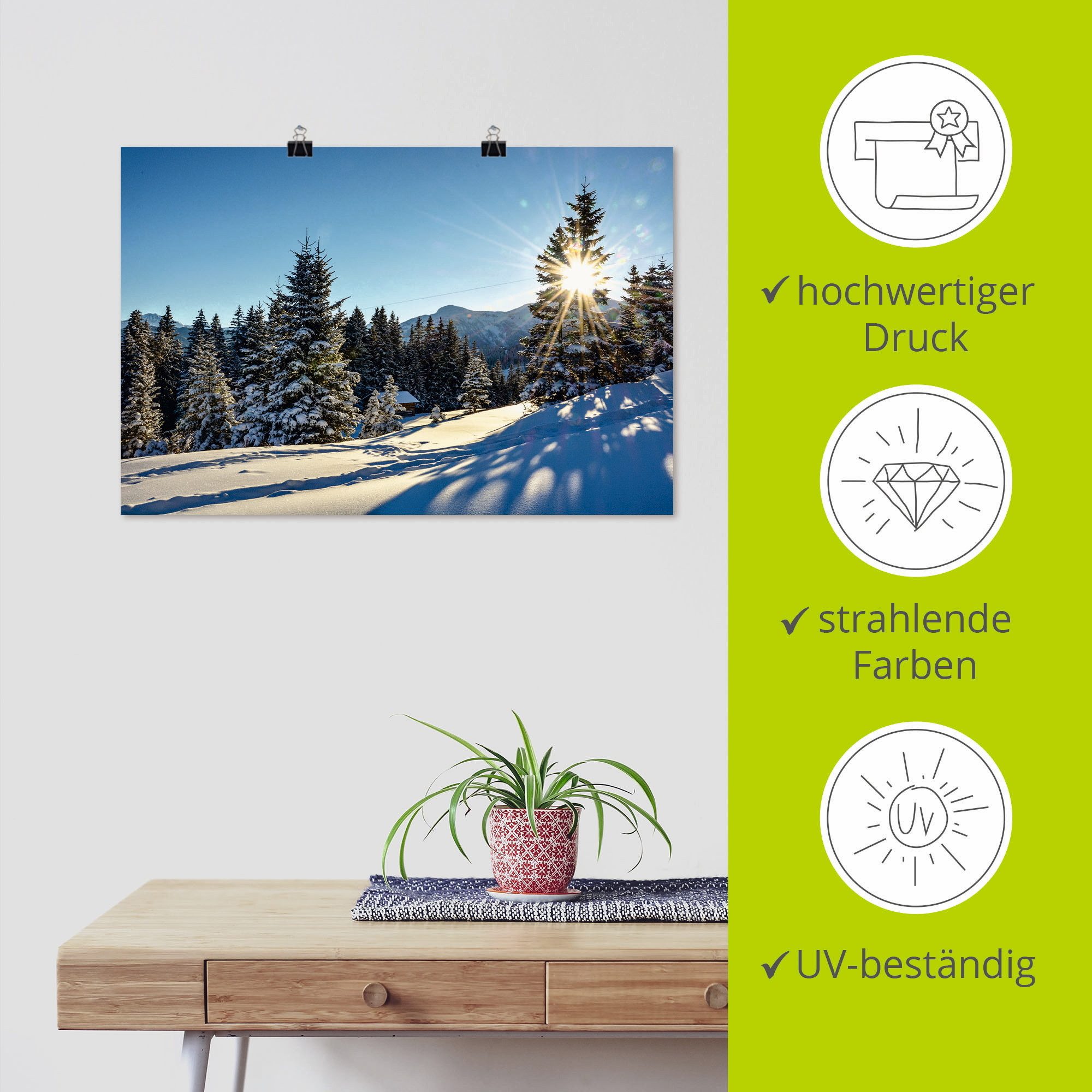 Artland Poster Winterlandschap met zonnester als artprint van aluminium, artprint op linnen, muursticker of poster in verschillende maten