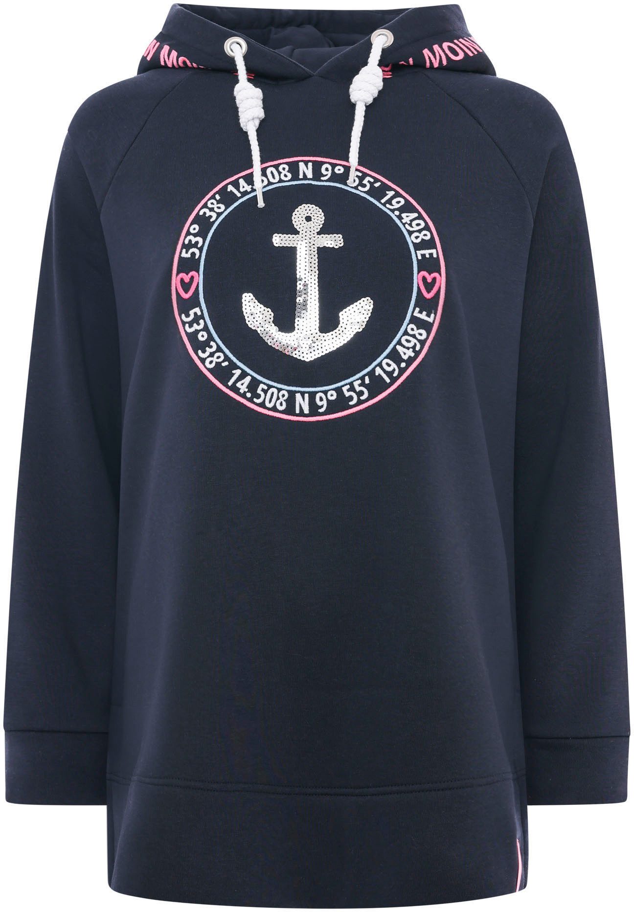 Zwillingsherz Hoodie Strandgeluk Paillette met anker-motief en "moin"-opdruk