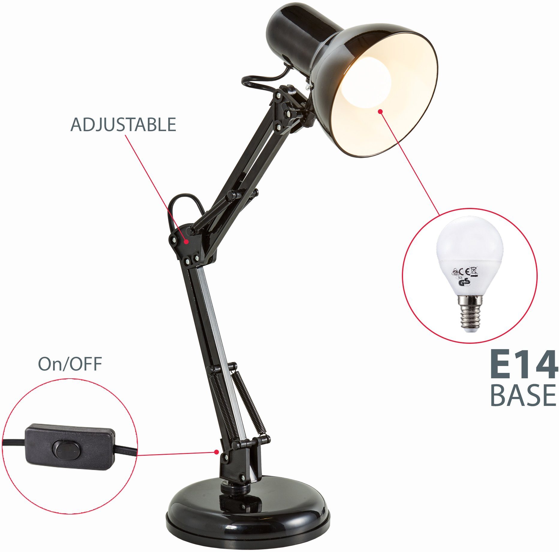 B.K.Licht Bureaulamp Draco Tafellamp, zwart, metaal, retro, bureau, draaibaar en kantelbaar