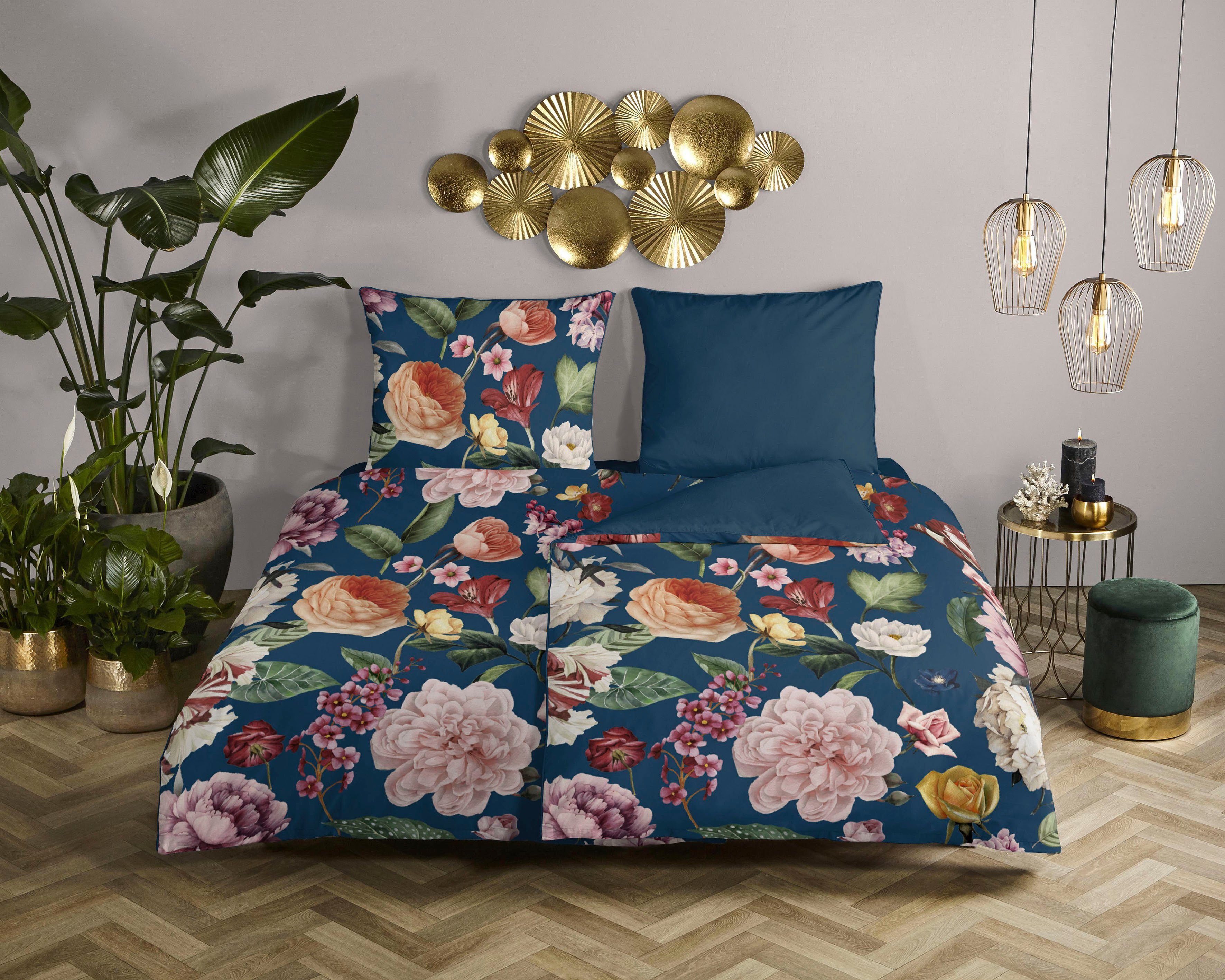 Descanso Tweezijdig te gebruiken overtrekset Fiori Katoen, Satijn, 135x200, Bies, Rits, Omkeerbaar, Bloemen Zand dekbedovertrekken blauw