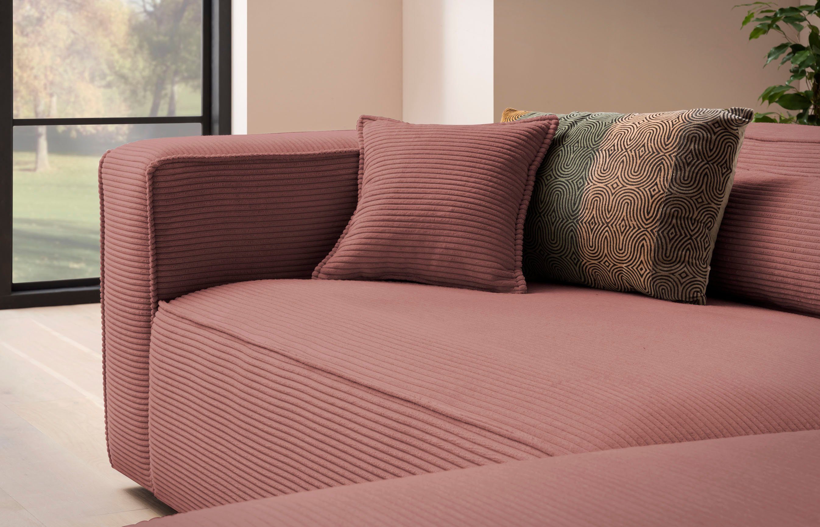 LeGer Home by Lena Gercke Hoekbank PIARA XXL, Big-Sofa, Cord, Leinenoptik o. Strukturstoff, L-Form keuze ottomaan rechts/links, zwarte voeten, extra diepe zitting