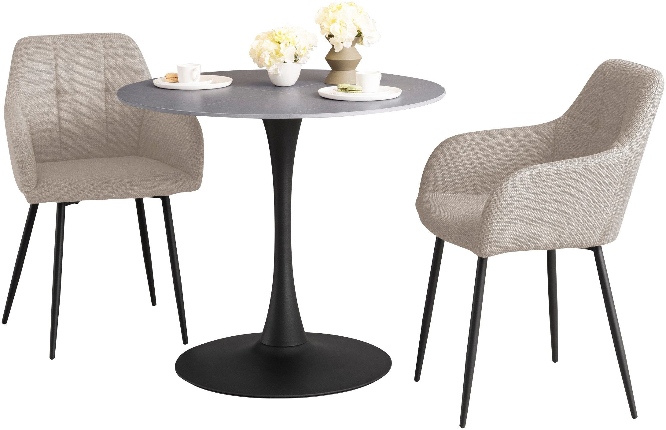 HELA Eethoek MOSEL Tafel 90x75 cm, ronde plaat, gesinterde steen, armleuningsstoel (3-delig)