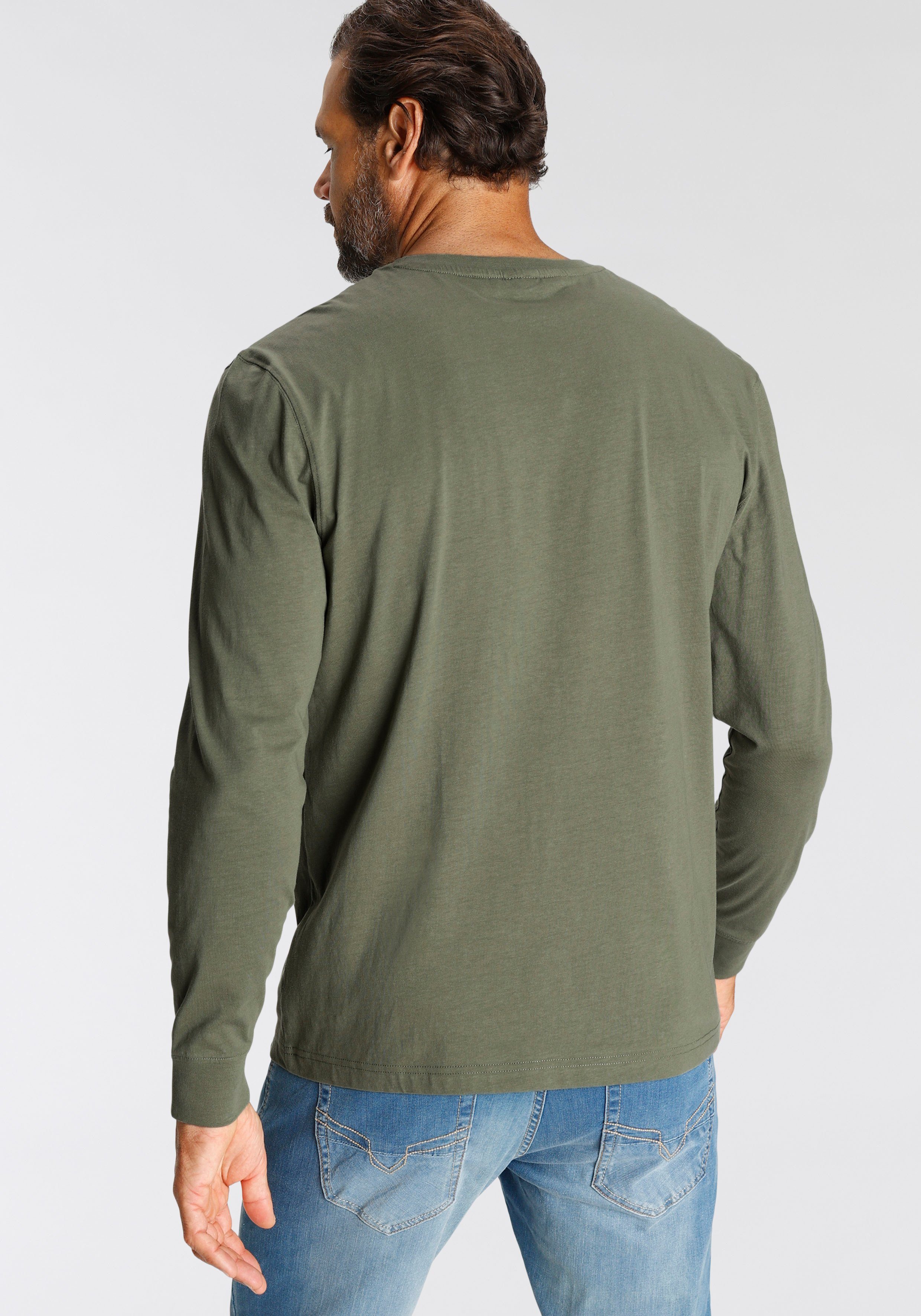 H.I.S Shirt met lange mouwen Lange mouwen, bedrukt, ronde hals, van 100% katoen (2-delig, Set van 2)