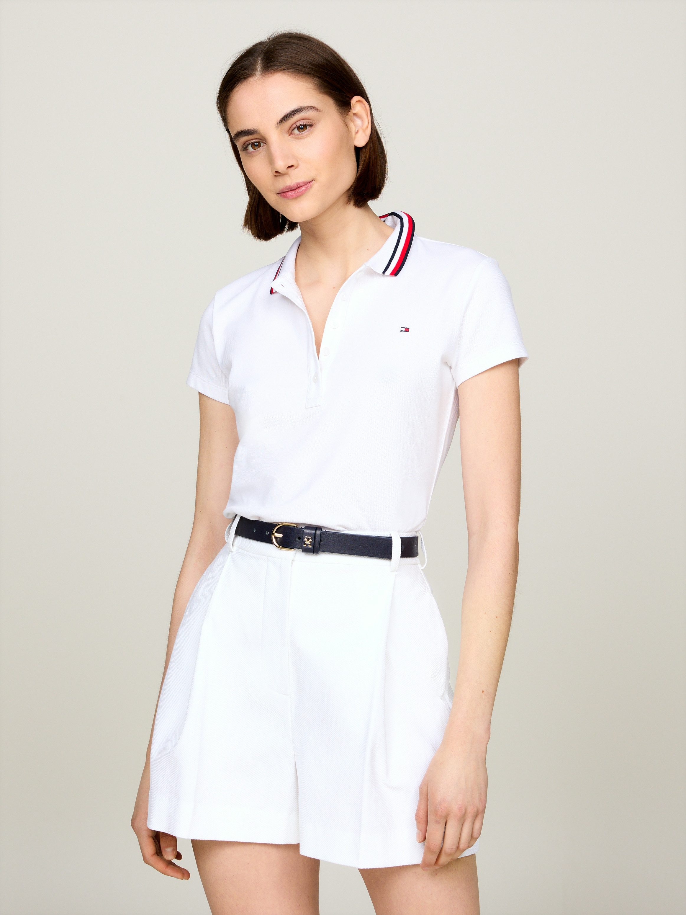Tommy Hilfiger Poloshirt SLIM GLOBAL STRIPE POLO SS Polokraag met contrasterende strepen kleine knoopsluiting (Global Serie TH VROUWEN)