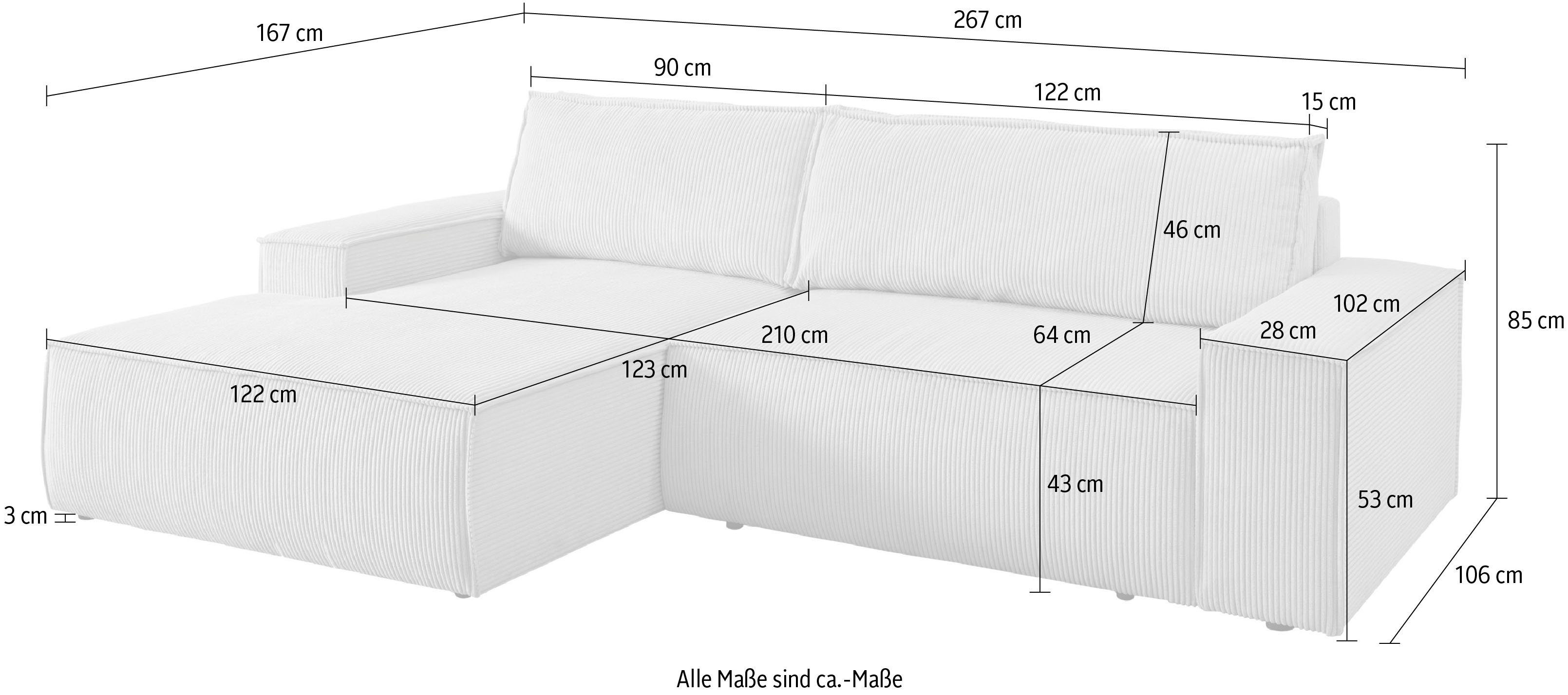 Home affaire Hoekbank SHERWOOD bedbank 267 cm, L-model, Slaapfunctie met bedlade (210x136 cm), cord, vintage, fluweel